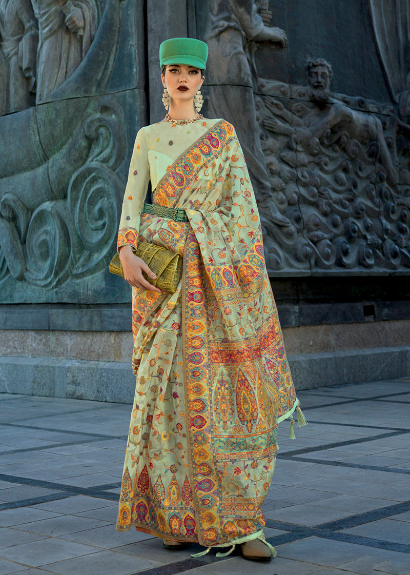 Monjolika Fashion Pear Green Color Kashmiri Organza Pashmina Silk Saree With Blouse