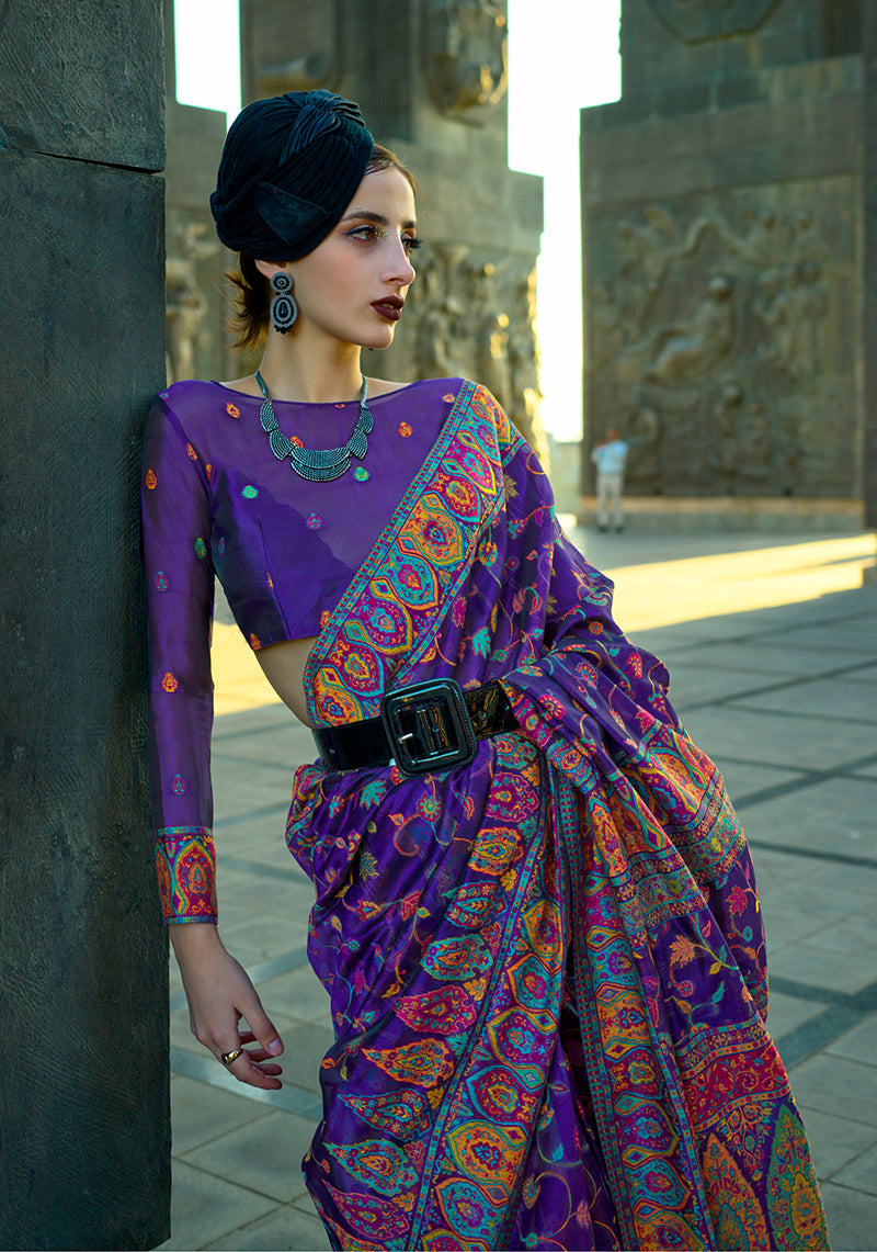 Monjolika Fashion Violet Color Kashmiri Organza Pashmina Silk Saree With Blouse