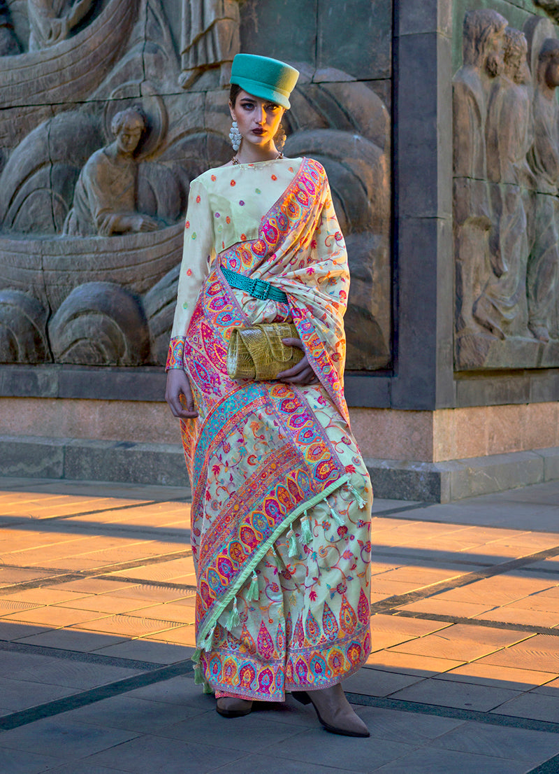 Monjolika Fashion Light Cyan Color Kashmiri Organza Pashmina Silk Saree With Blouse