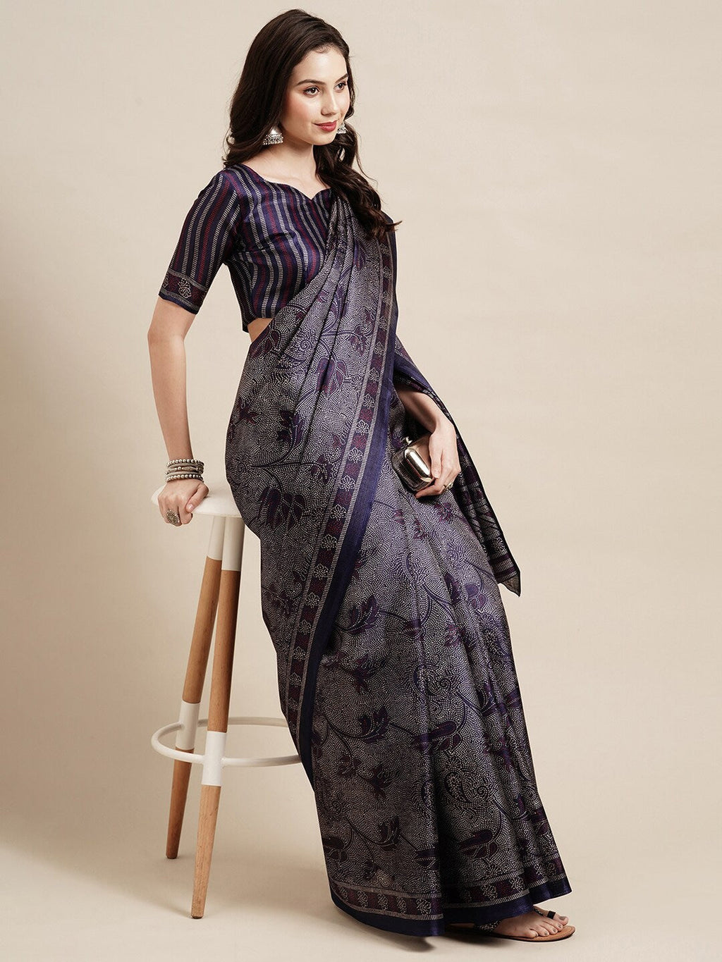 Saree Mall Navy Blue & Grey Floral Art Silk Bhagalpuri Sarees