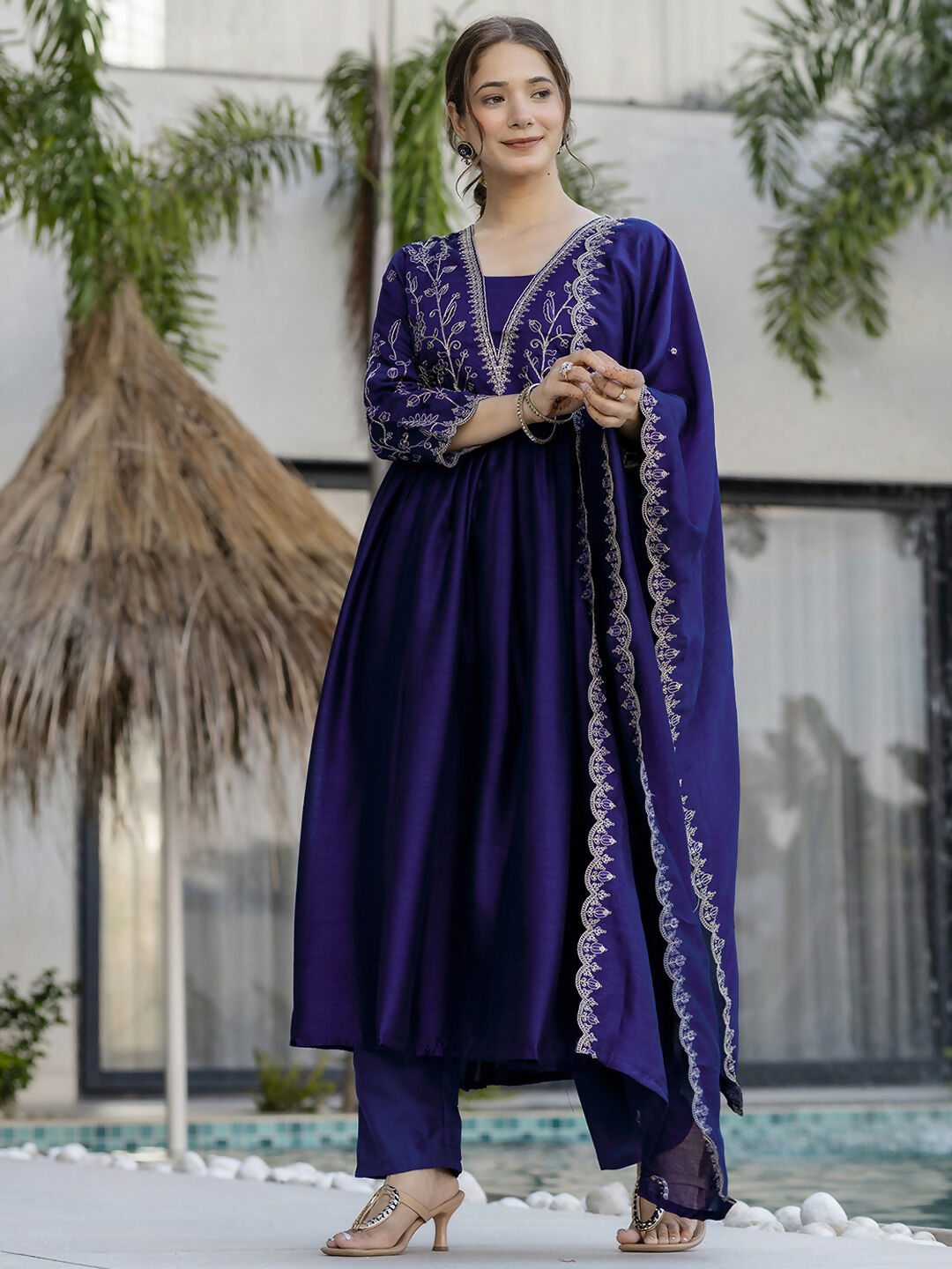 The52 Blue Women's Beautiful Embroidered Vichitra Silk Fabric with Flared Kurta, Pant and Dupatta Set