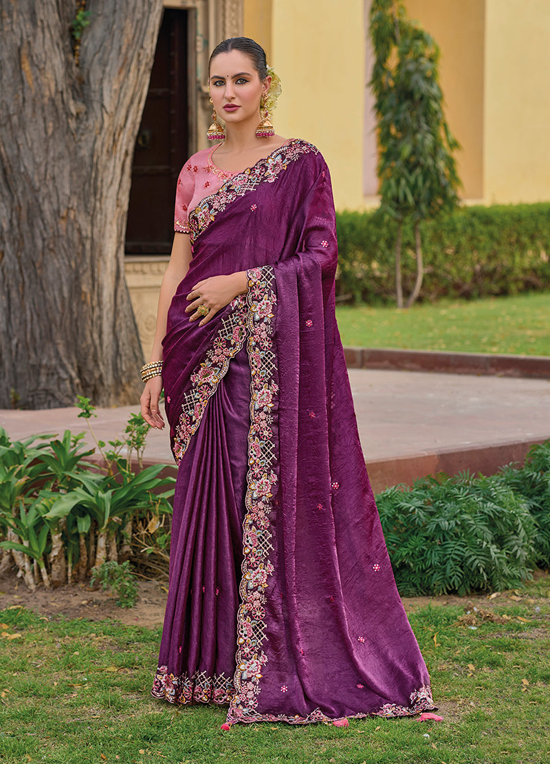 Monjolika Fashion Dark Purple Colour Embroidered Organza Silk Party Saree