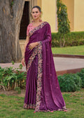 Monjolika Fashion Dark Purple Colour Embroidered Organza Silk Party Saree