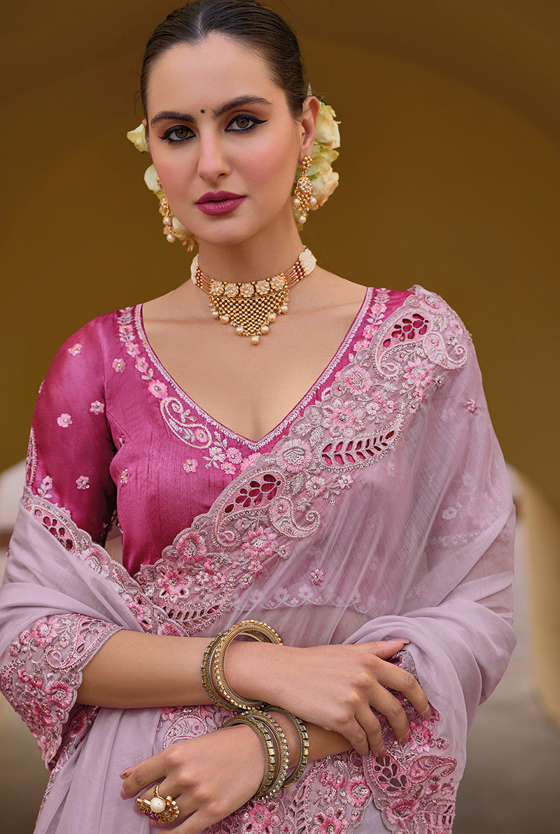 Monjolika Fashion Baby Pink Colour Embroidered Organza Silk Party Saree