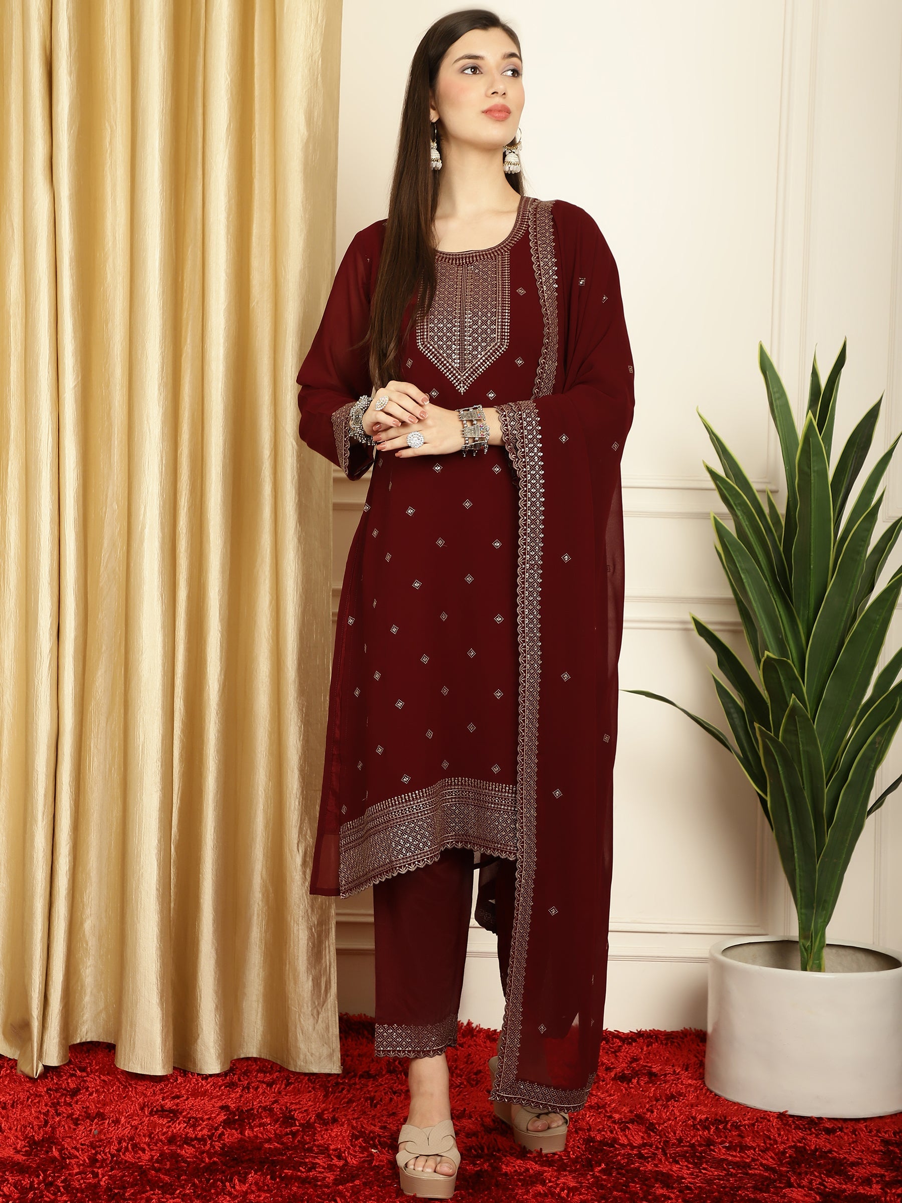 Stylee Lifestyle Marron Georgette Embroidered Suit Set
