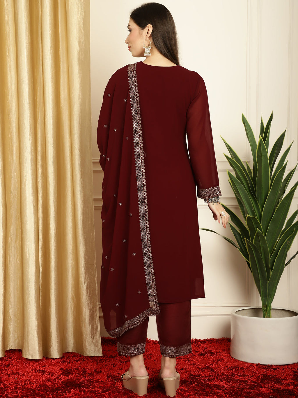 Stylee Lifestyle Marron Georgette Embroidered Suit Set