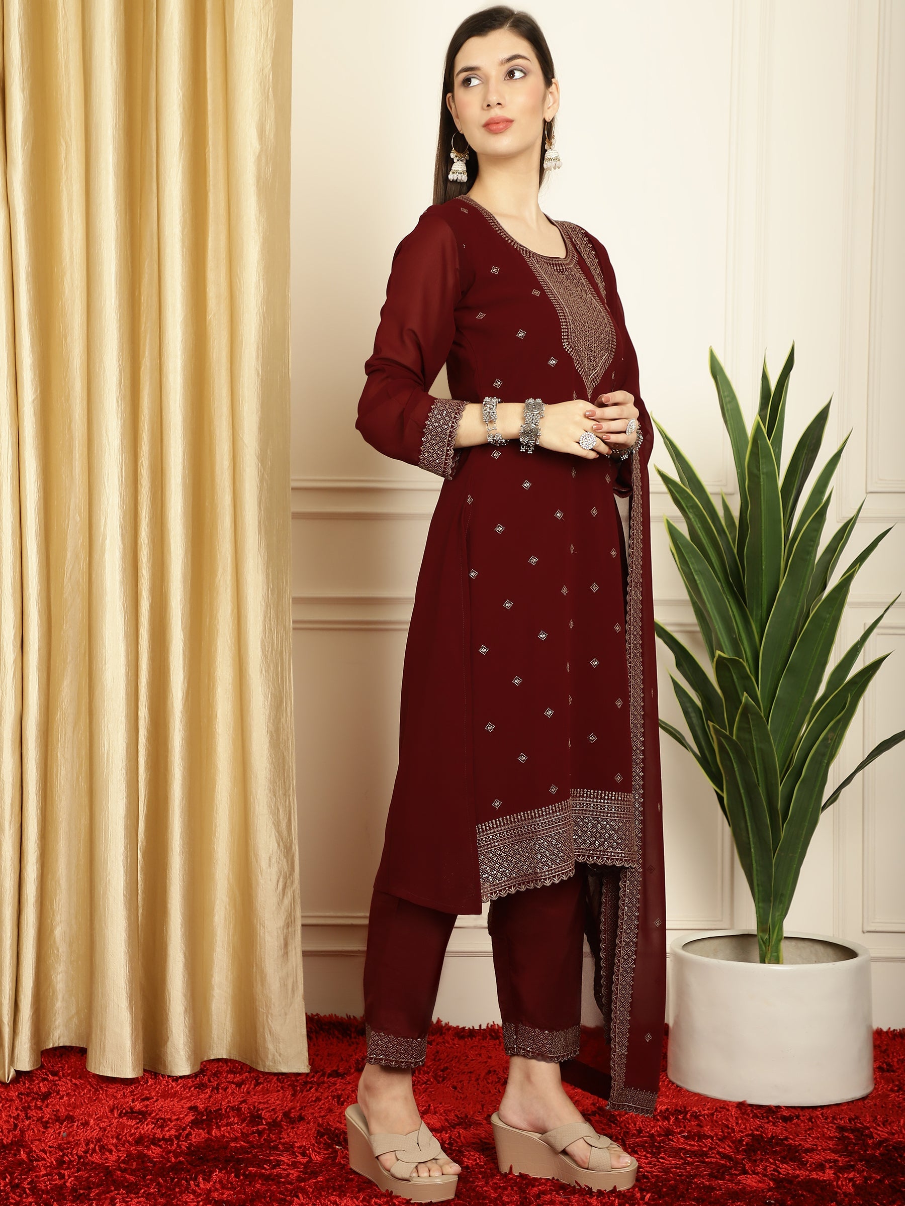 Stylee Lifestyle Marron Georgette Embroidered Suit Set