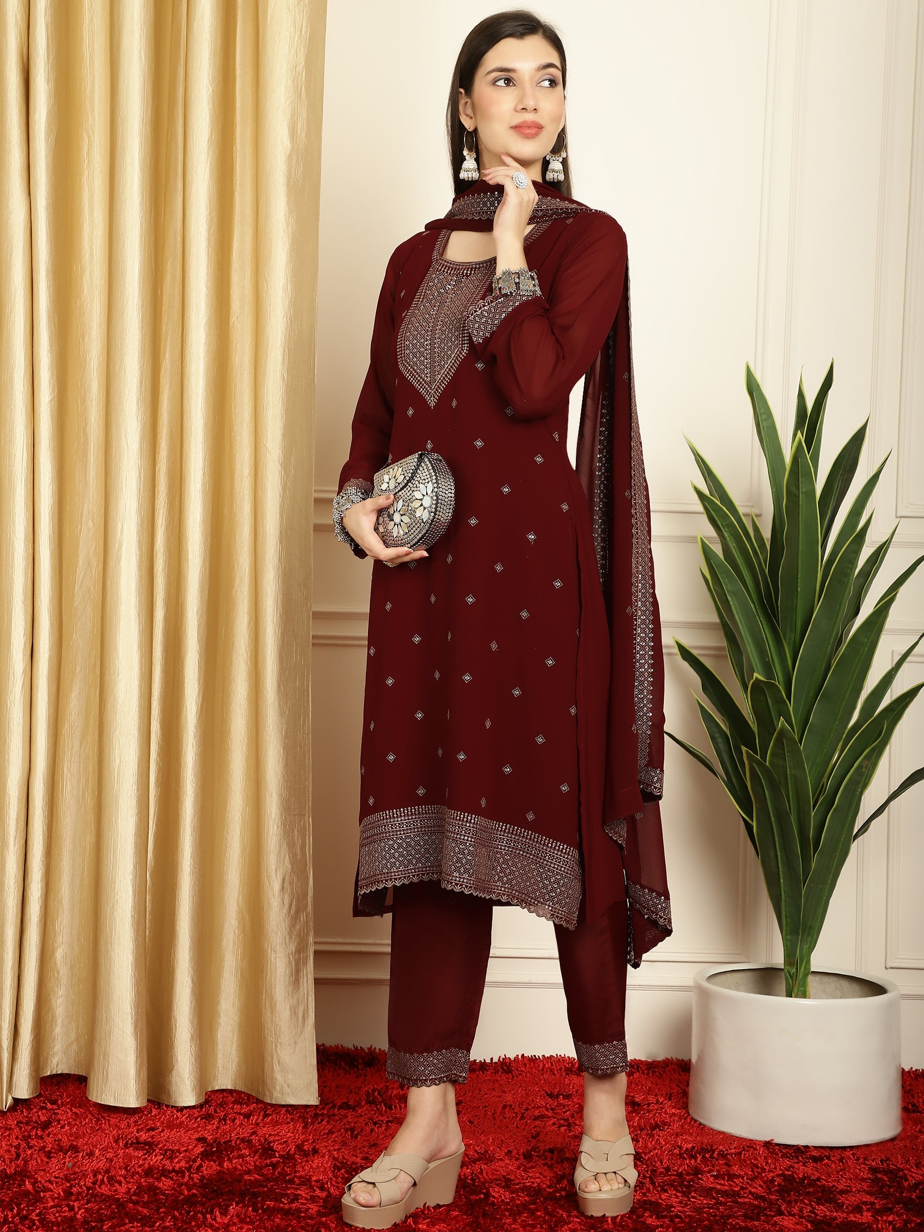 Stylee Lifestyle Marron Georgette Embroidered Suit Set