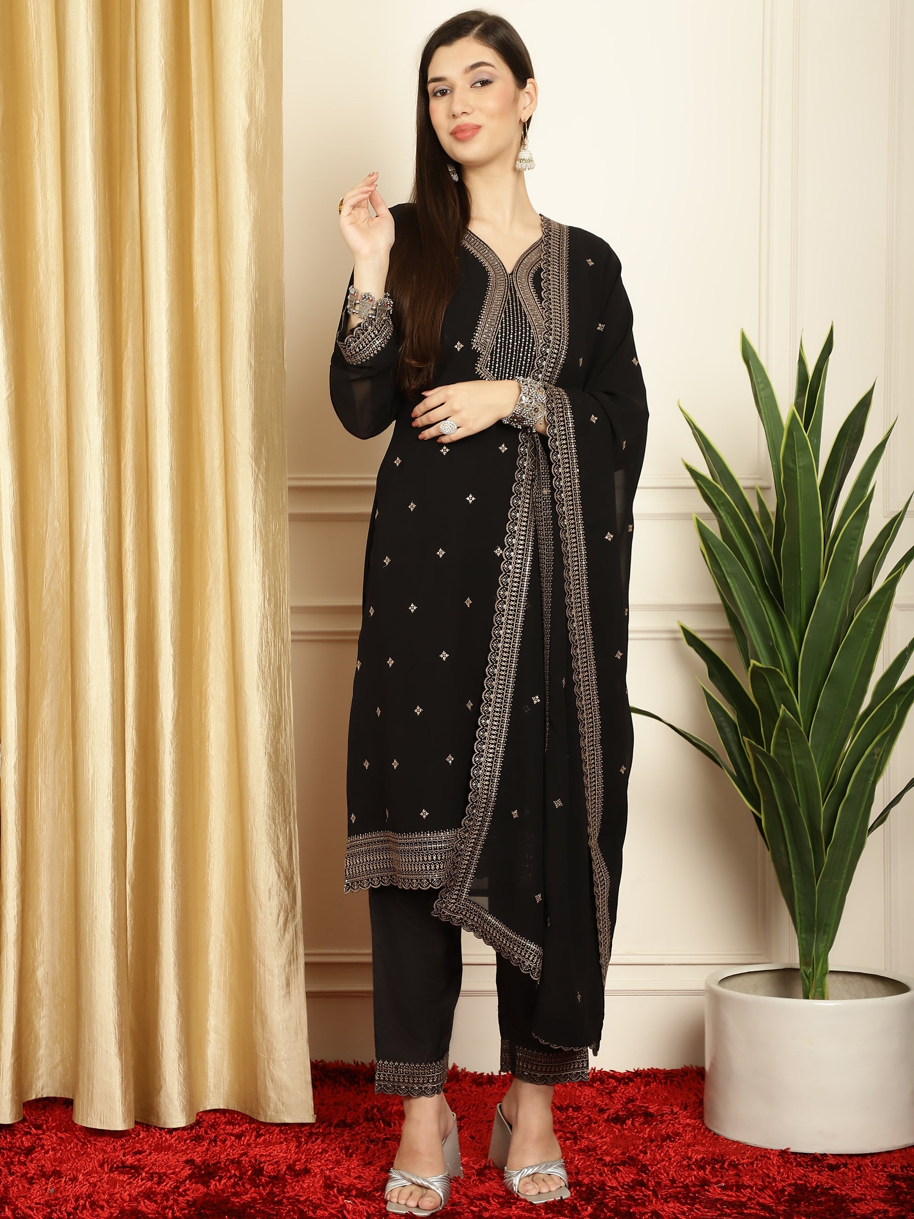 Stylee Lifestyle Black Georgette Embroidered Suit Set