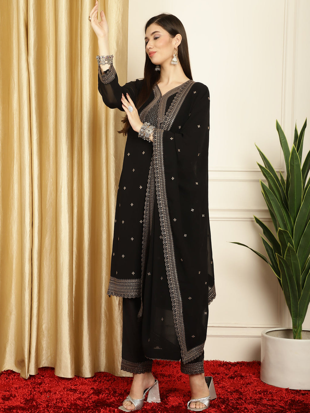 Stylee Lifestyle Black Georgette Embroidered Suit Set