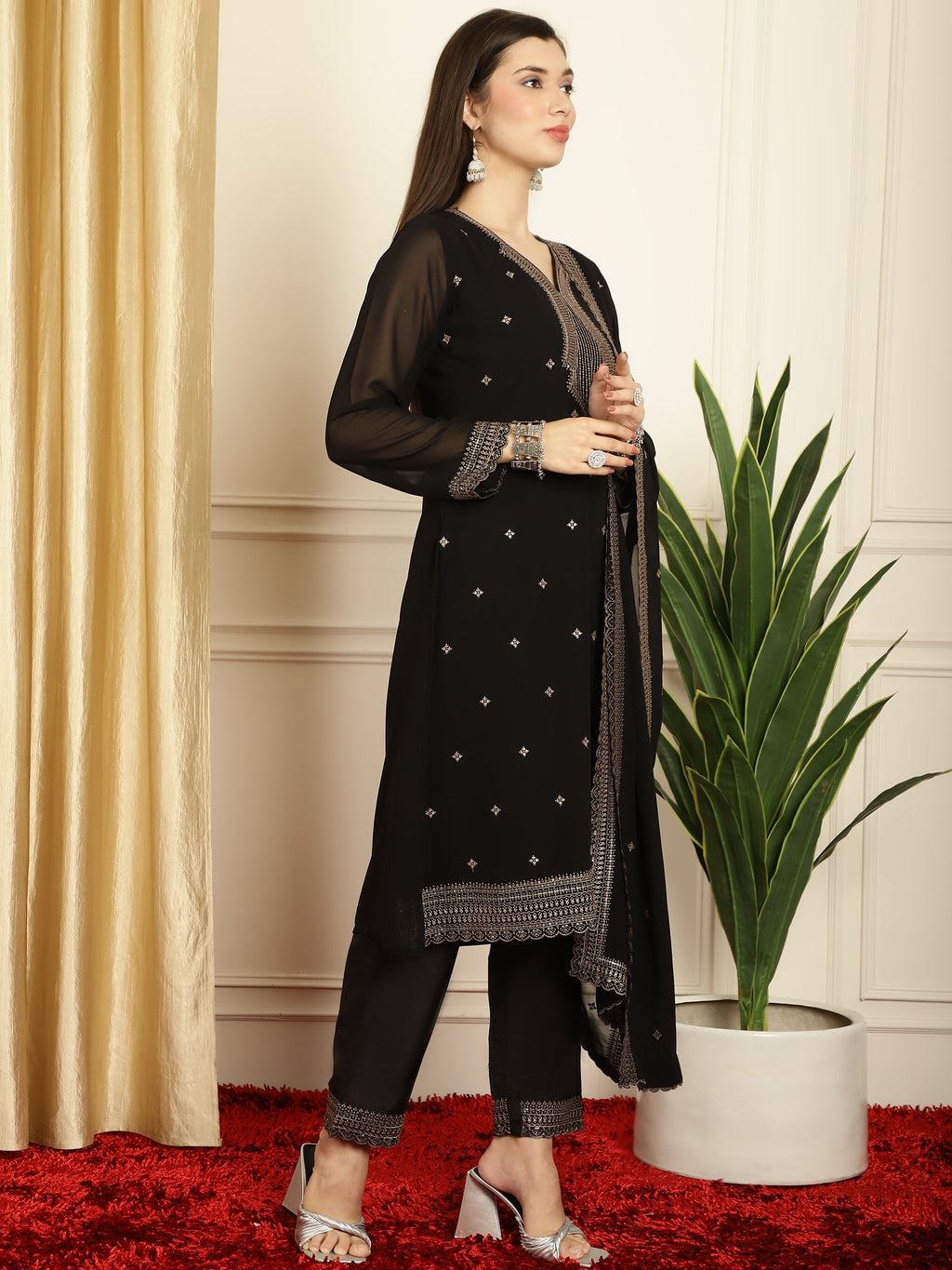 Stylee Lifestyle Black Georgette Embroidered Suit Set
