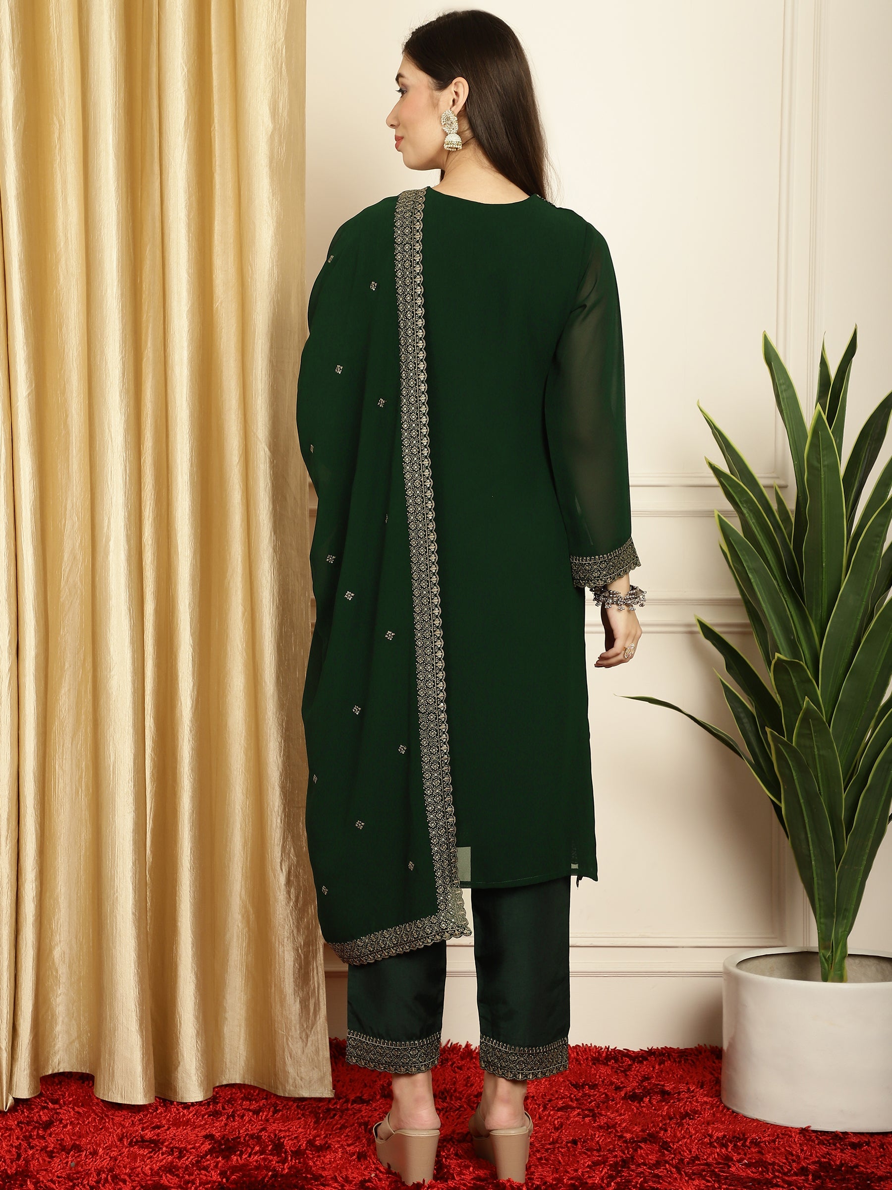 Stylee Lifestyle Green Georgette Embroidered Suit Set