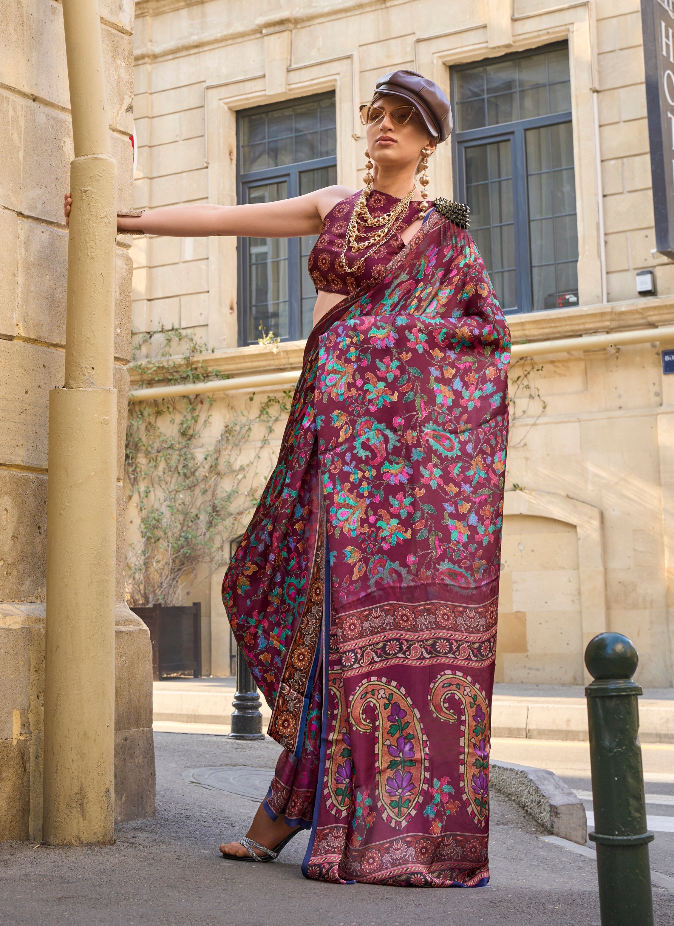 Monjolika Fashion Elegant Wine Colour Satin Georgette Lightweight Saree
