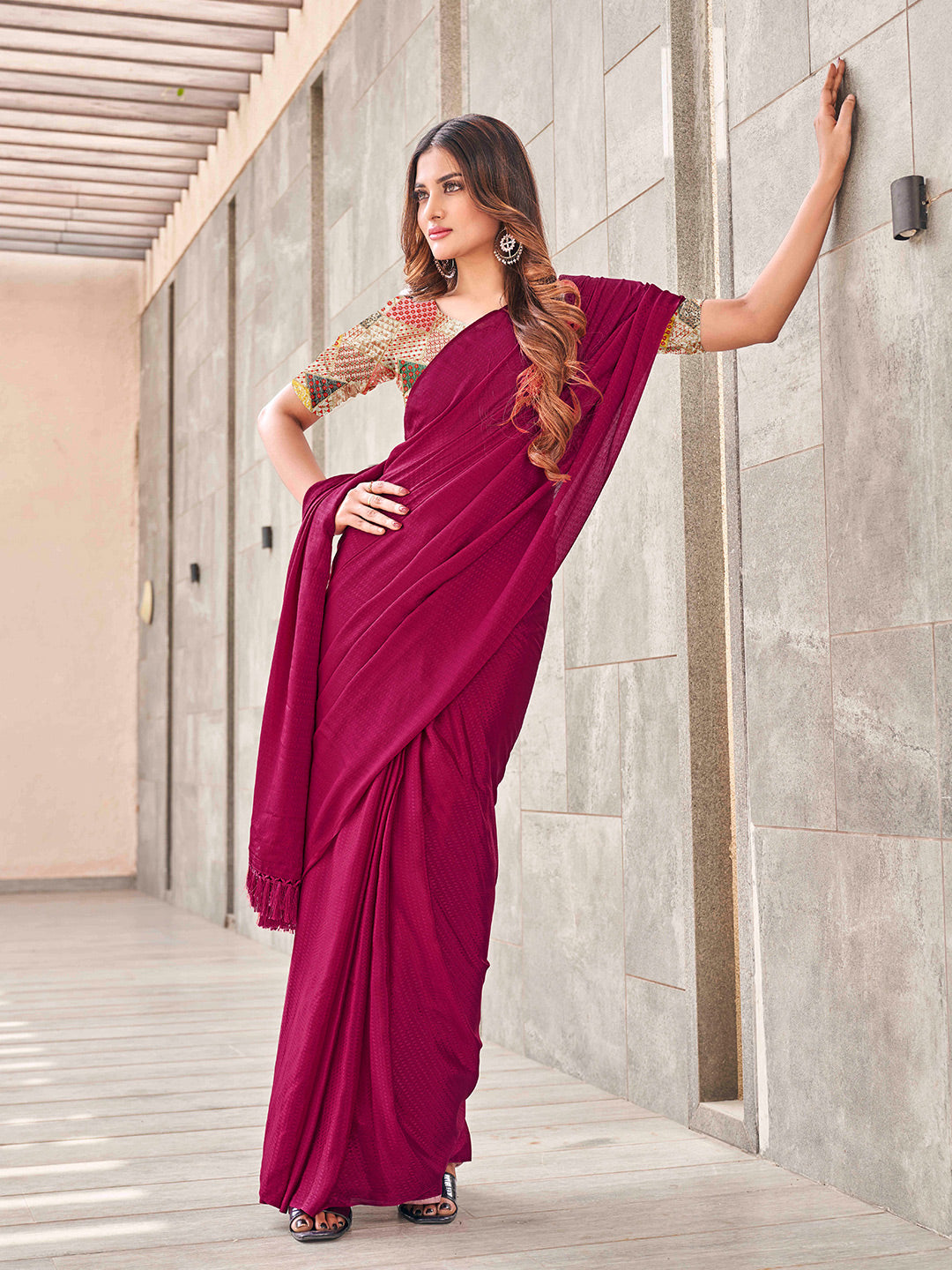Tikhi Imli Woven Design Tasselled Satin Jacquard Ready to Wear Saree