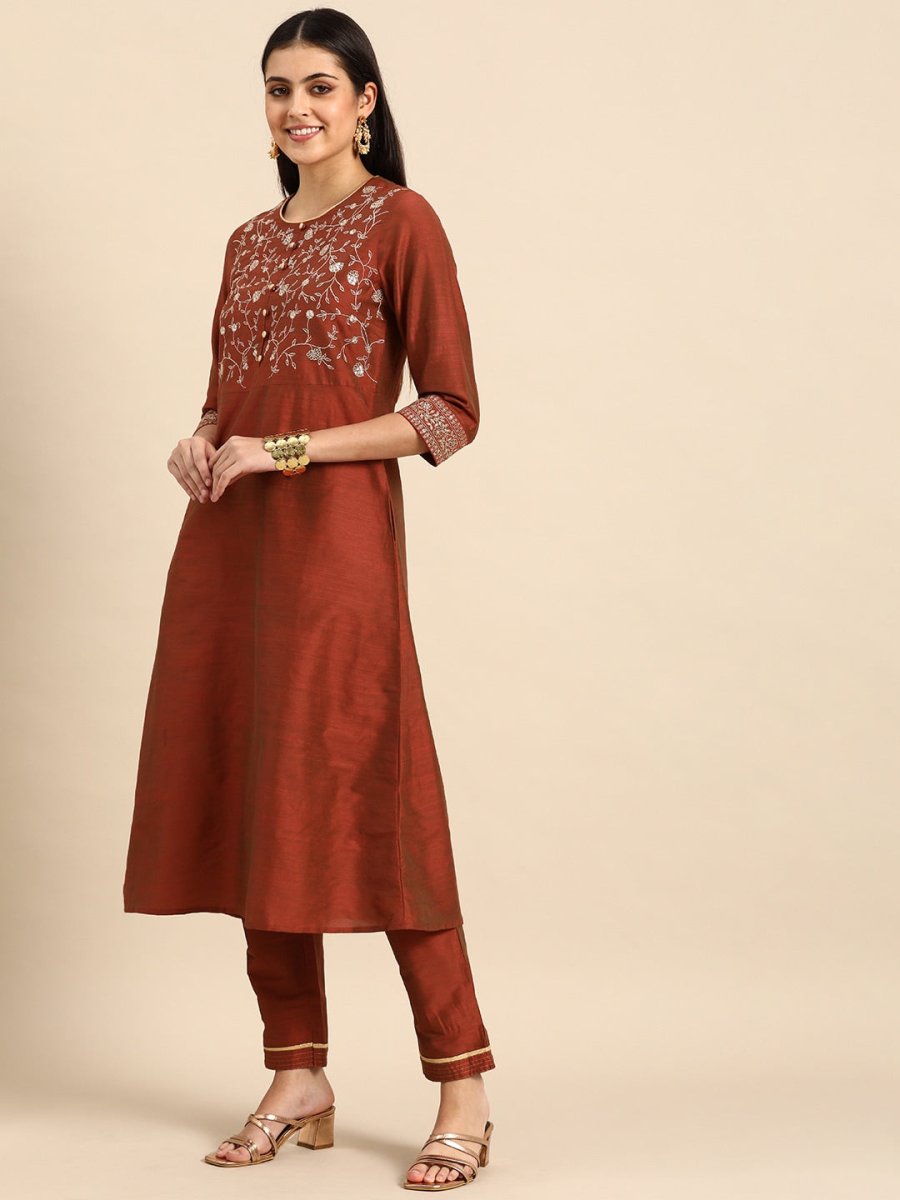 All About You Women Rust Embroidered Kurta with Trousers & Dupatta
