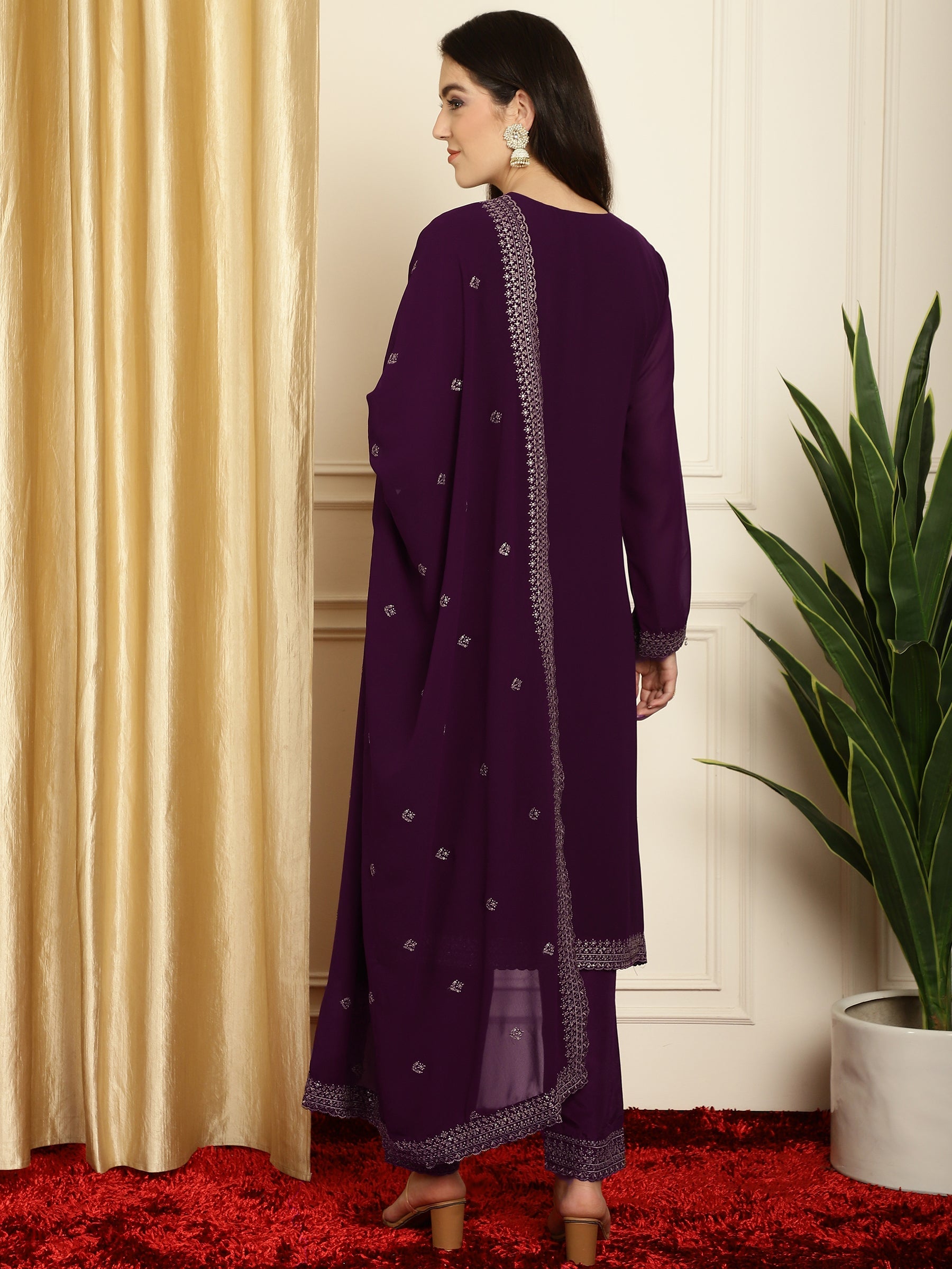 Stylee Lifestyle Burgundy Georgette Embroidered Suit Set