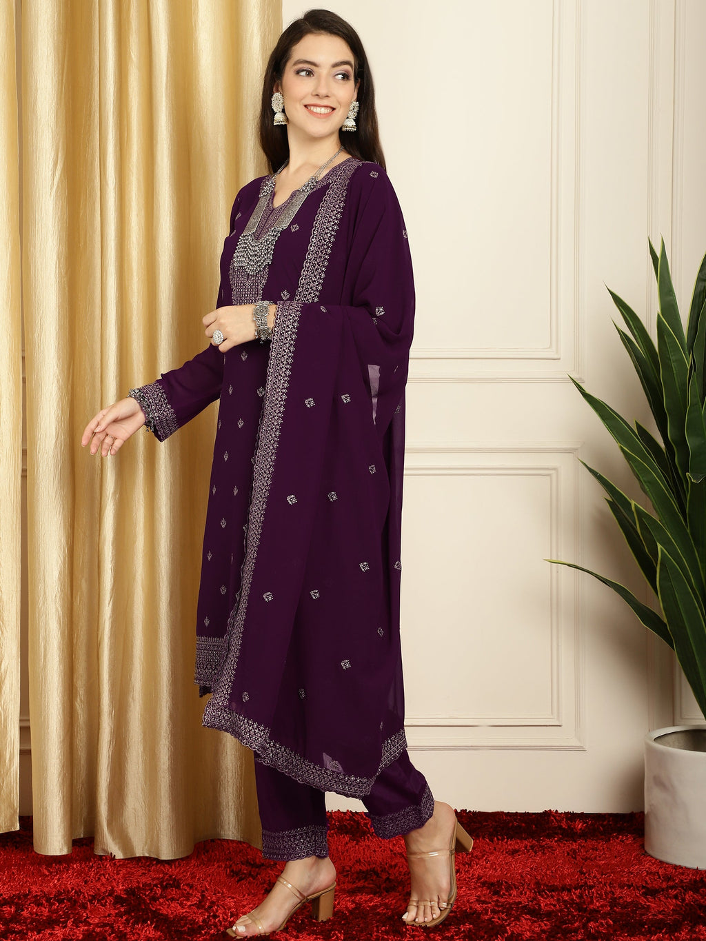 Stylee Lifestyle Burgundy Georgette Embroidered Suit Set