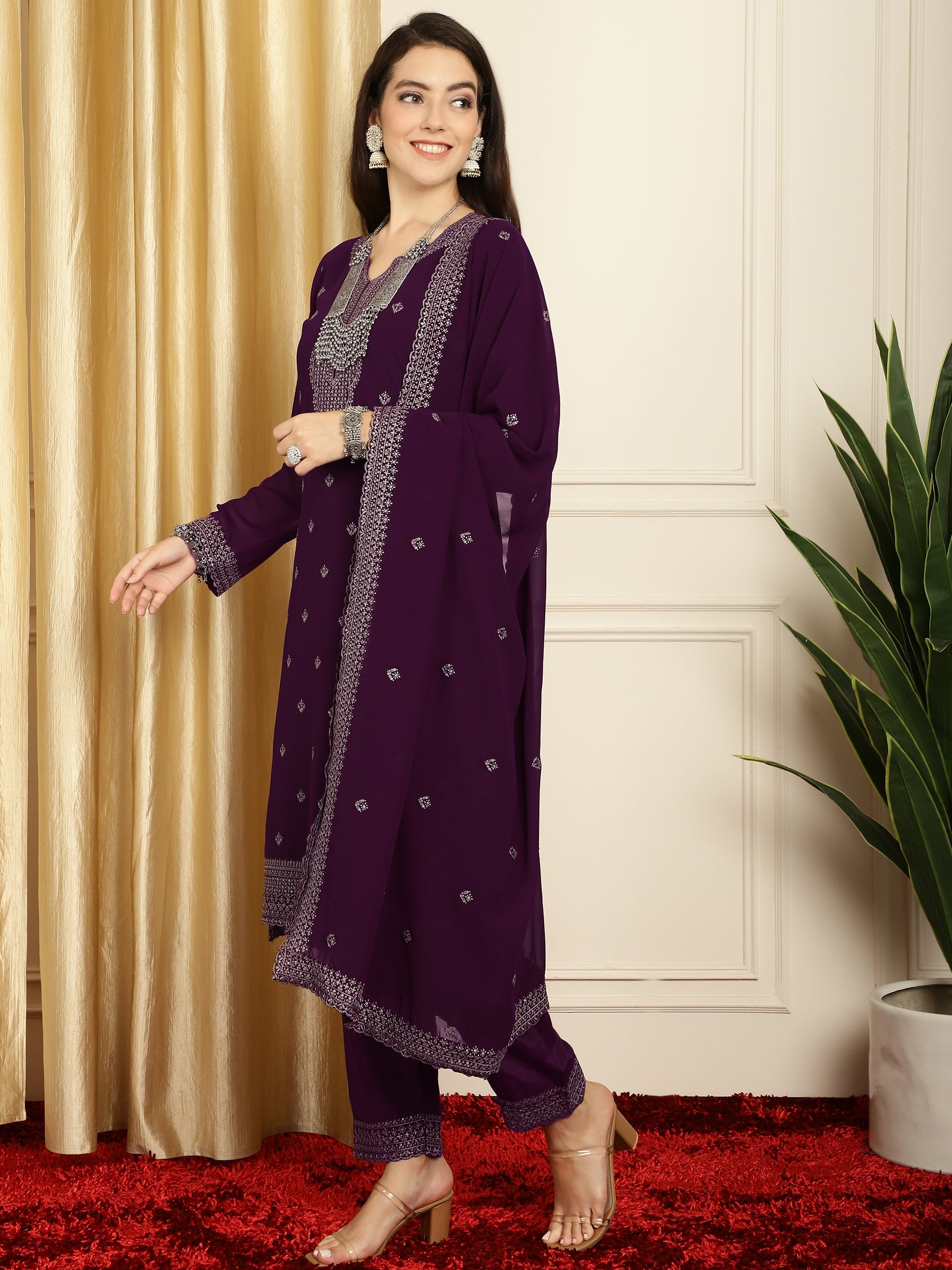 Stylee Lifestyle Burgundy Georgette Embroidered Suit Set