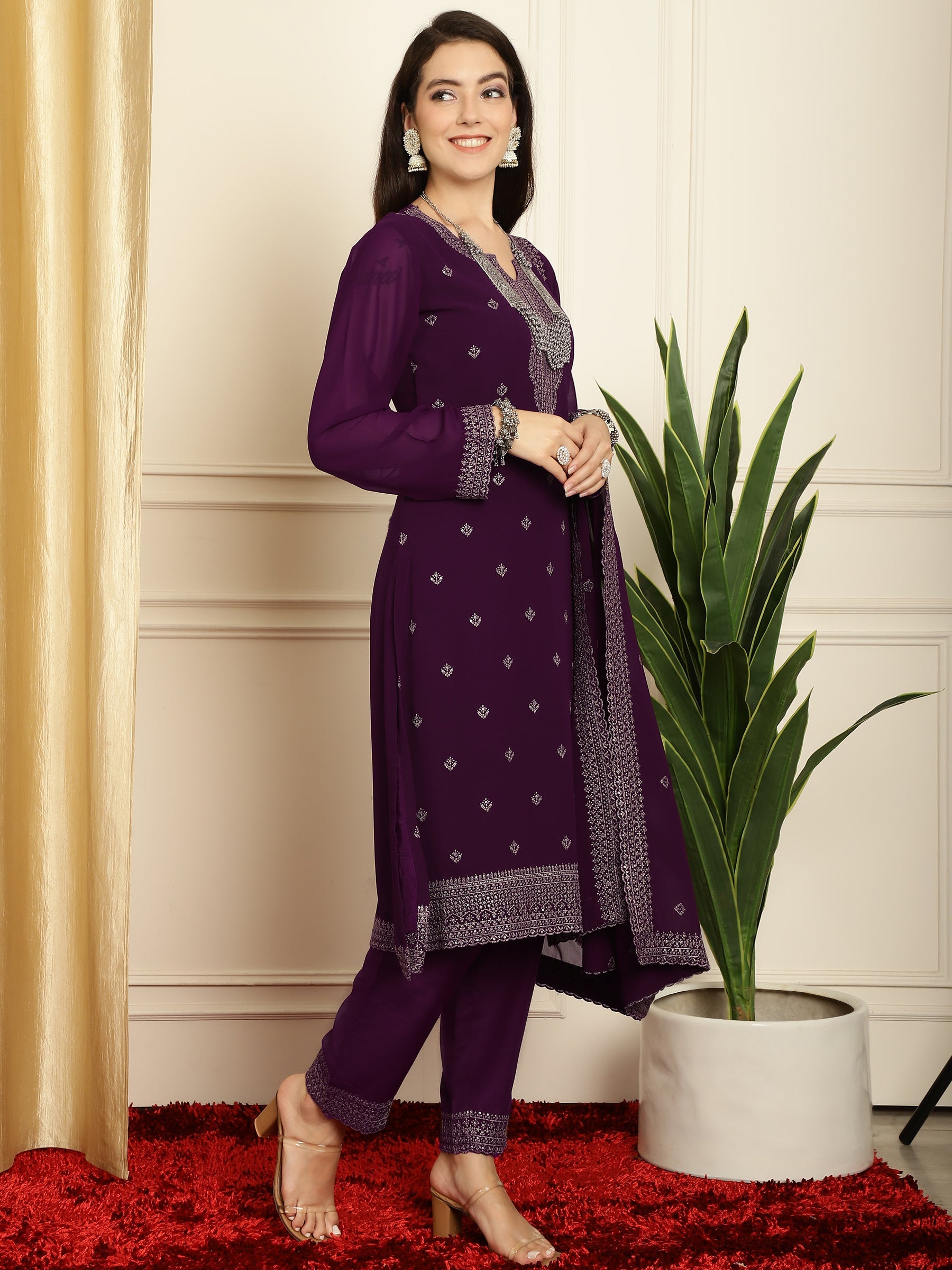 Stylee Lifestyle Burgundy Georgette Embroidered Suit Set