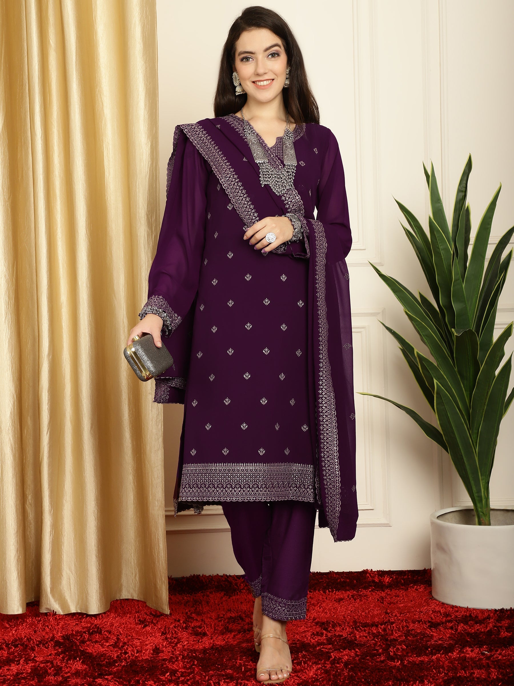 Stylee Lifestyle Burgundy Georgette Embroidered Suit Set