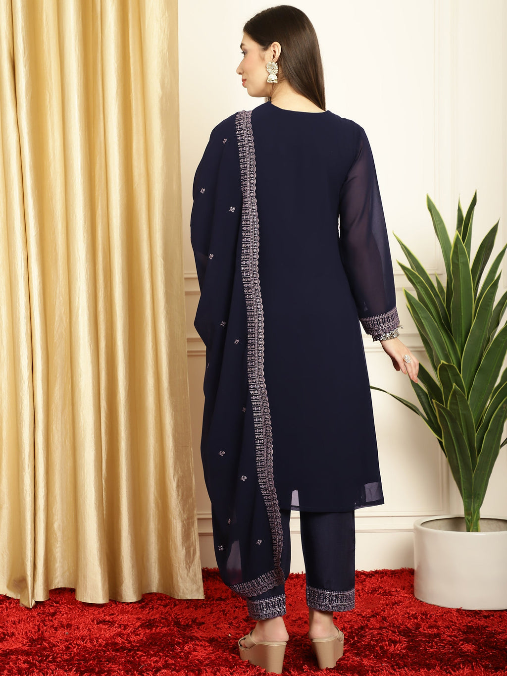 Stylee Lifestyle Navy Blue Georgette Embroidered Suit Set