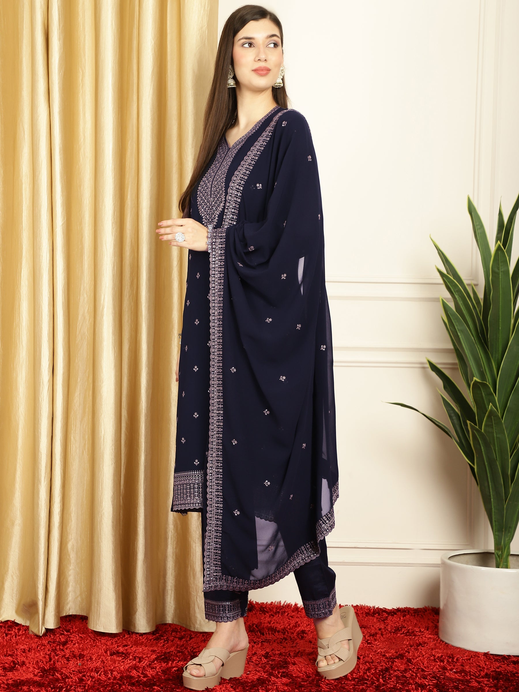 Stylee Lifestyle Navy Blue Georgette Embroidered Suit Set