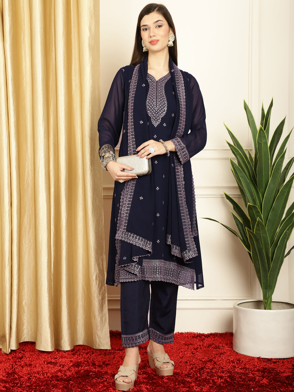 Stylee Lifestyle Navy Blue Georgette Embroidered Suit Set