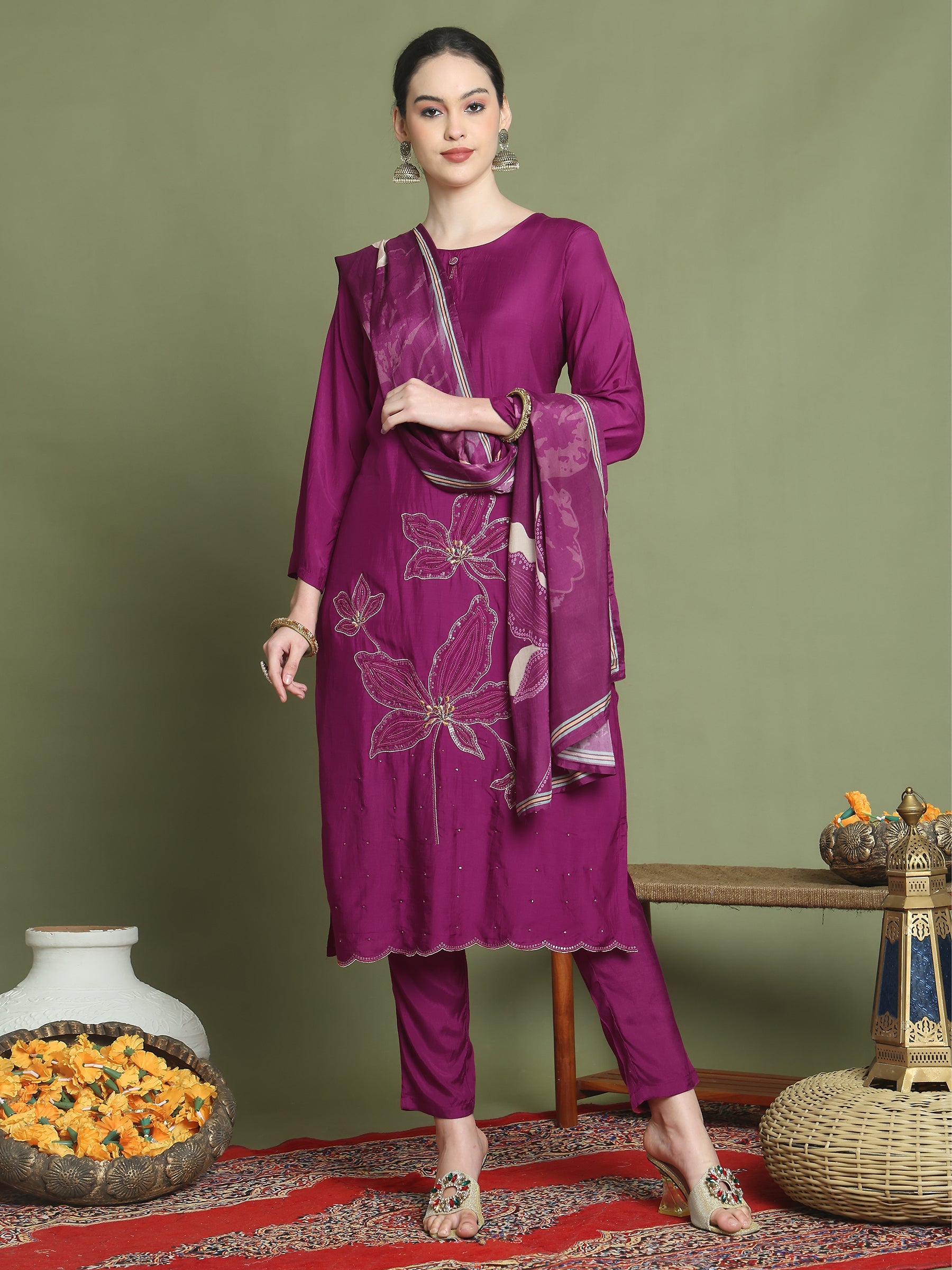 Stylee Lifestyle Magenta Muslin Embroidered Suit Set