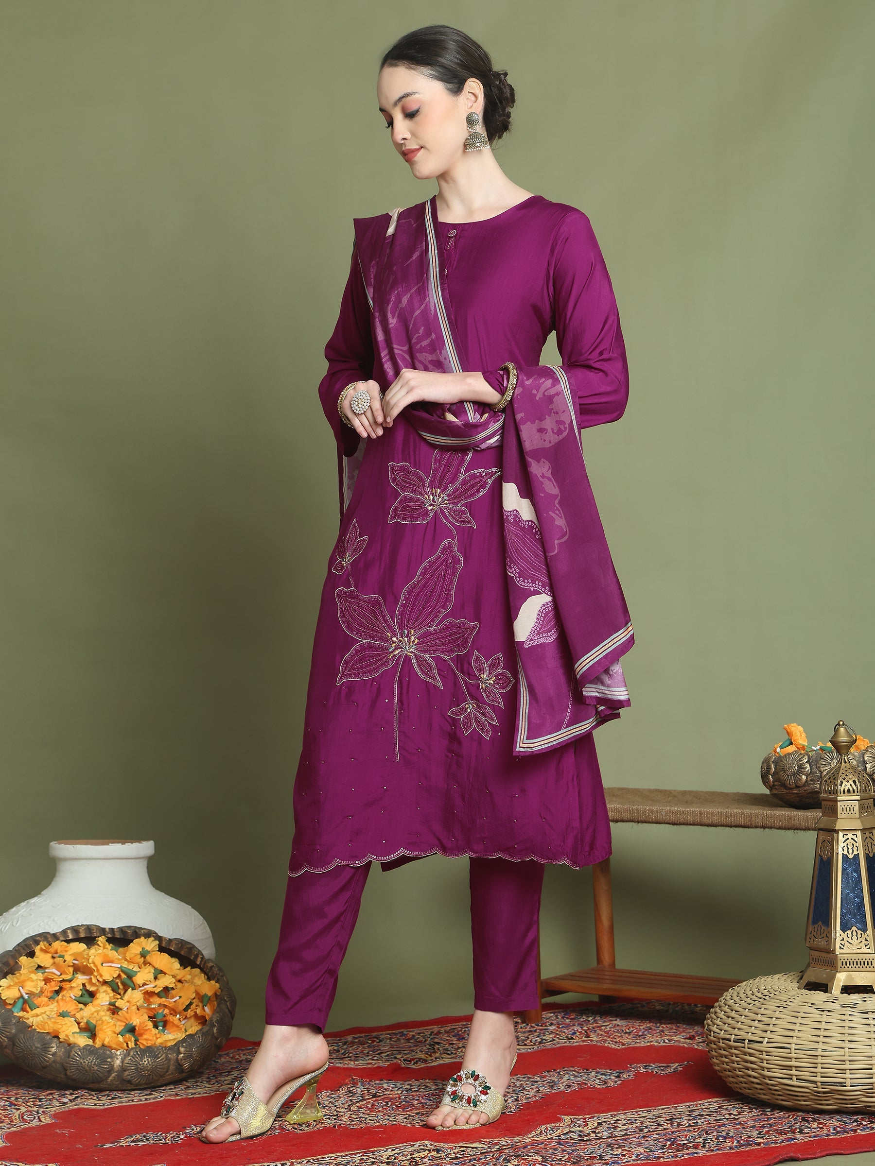 Stylee Lifestyle Magenta Muslin Embroidered Suit Set