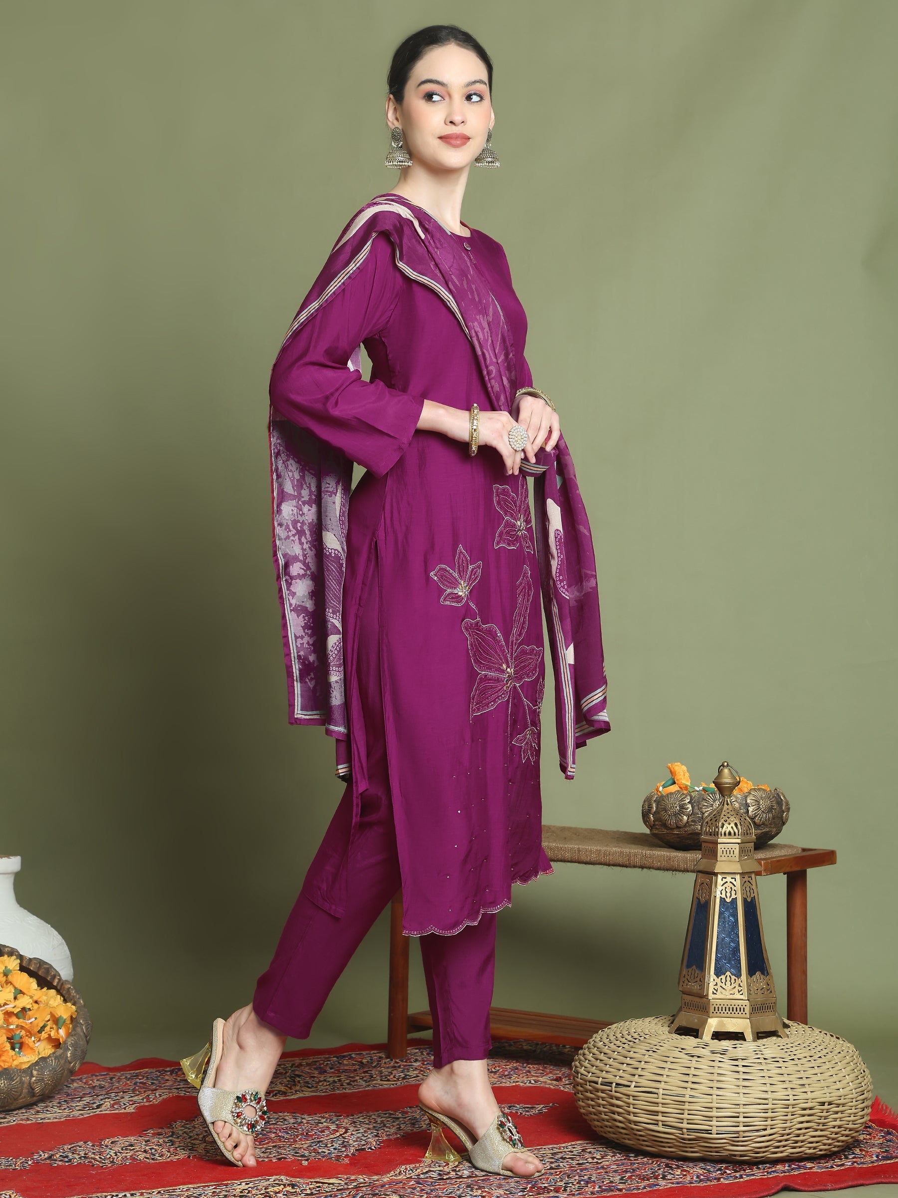 Stylee Lifestyle Magenta Muslin Embroidered Suit Set