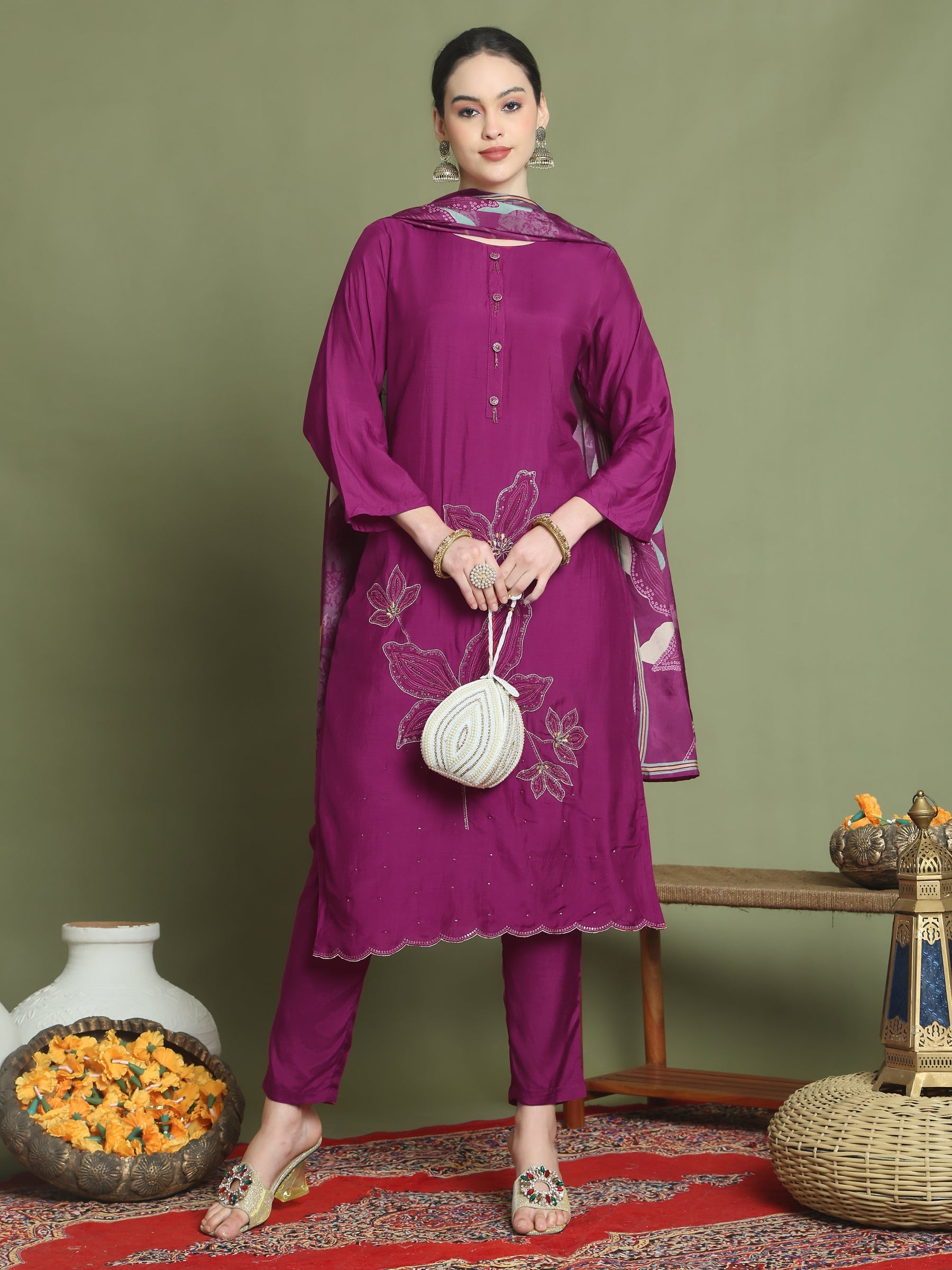 Stylee Lifestyle Magenta Muslin Embroidered Suit Set