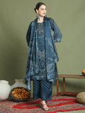 Stylee Lifestyle Navy Blue Satin Embroidered Suit Set