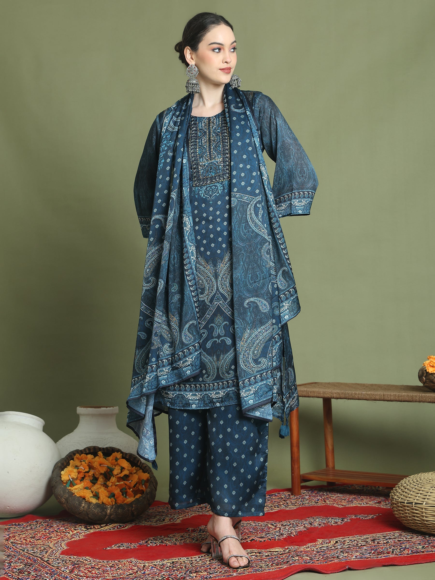 Stylee Lifestyle Navy Blue Satin Embroidered Suit Set
