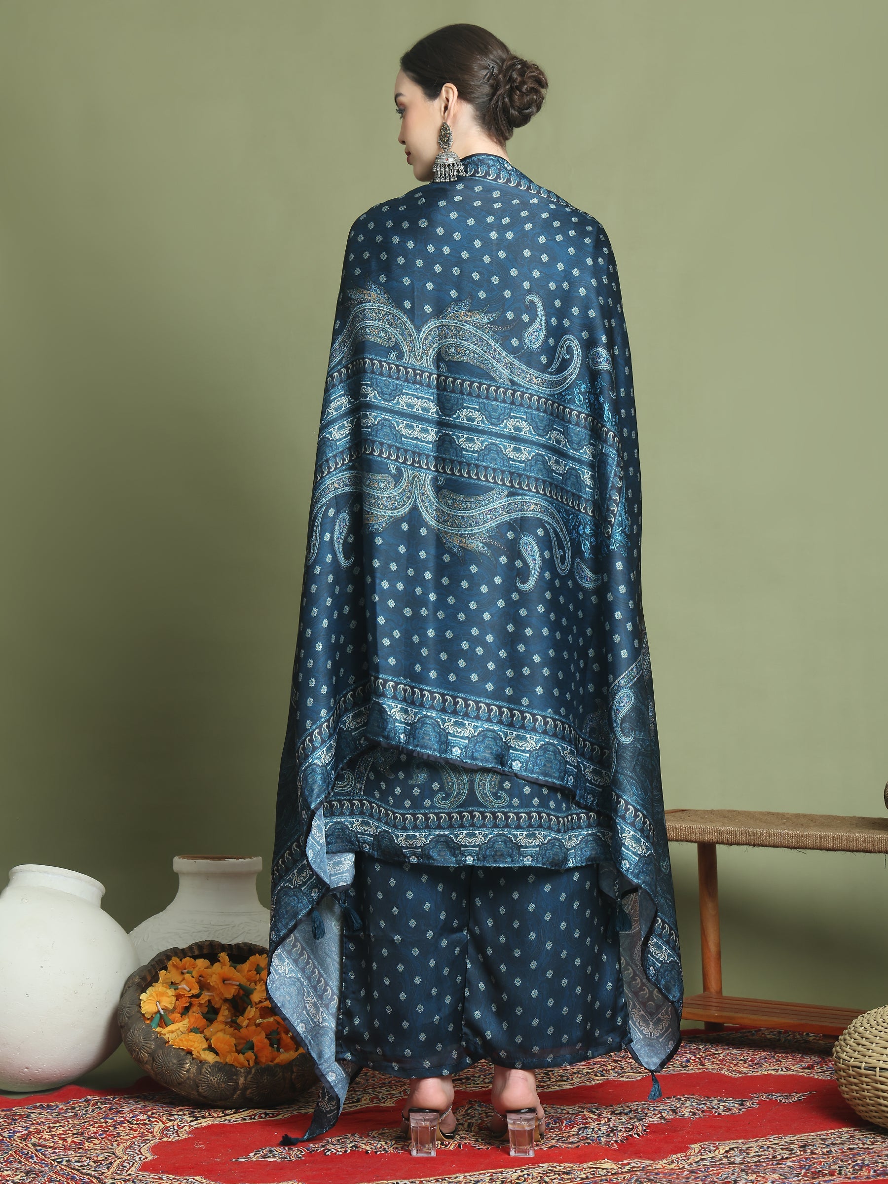 Stylee Lifestyle Navy Blue Satin Embroidered Suit Set