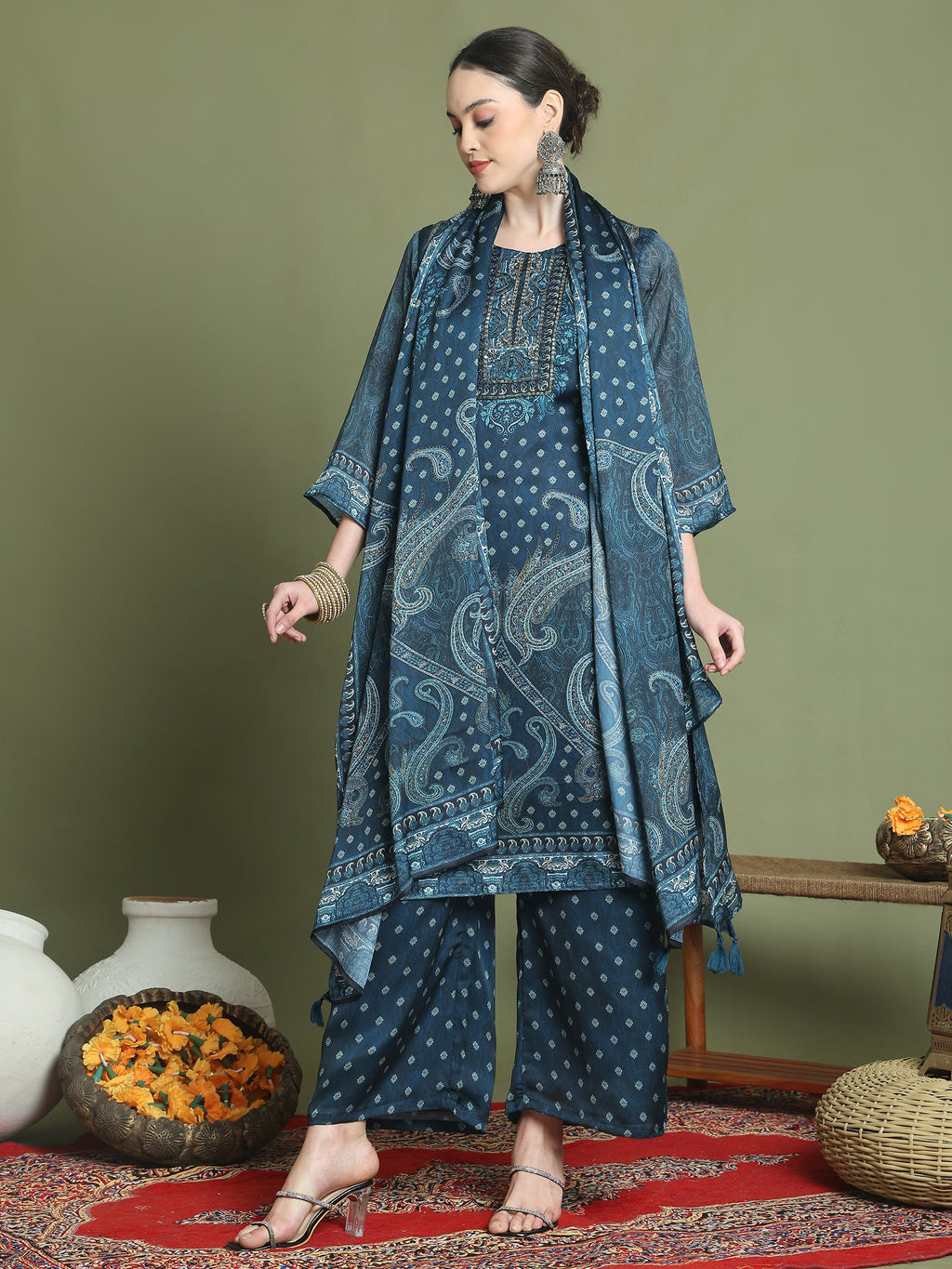 Stylee Lifestyle Navy Blue Satin Embroidered Suit Set