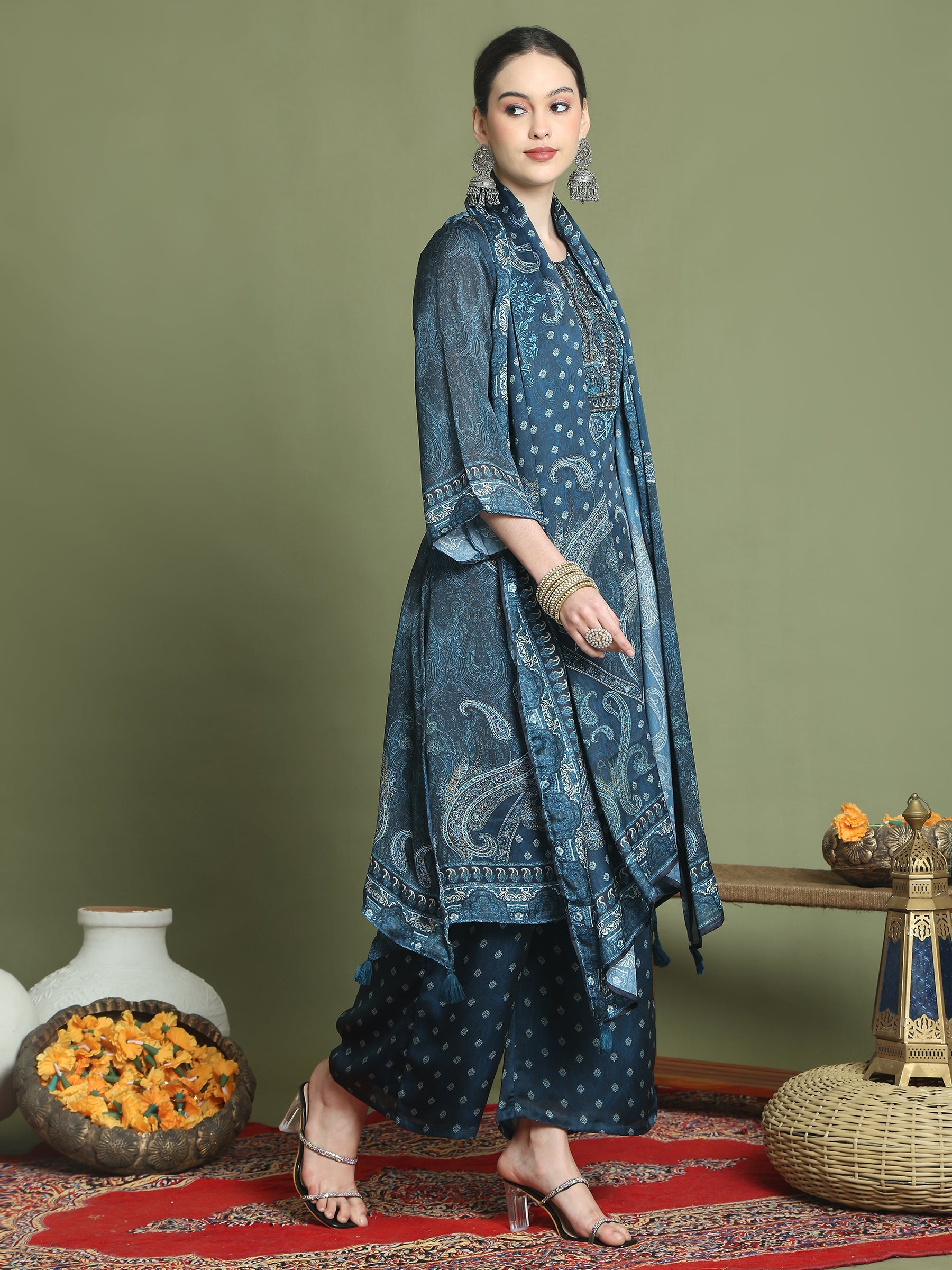 Stylee Lifestyle Navy Blue Satin Embroidered Suit Set