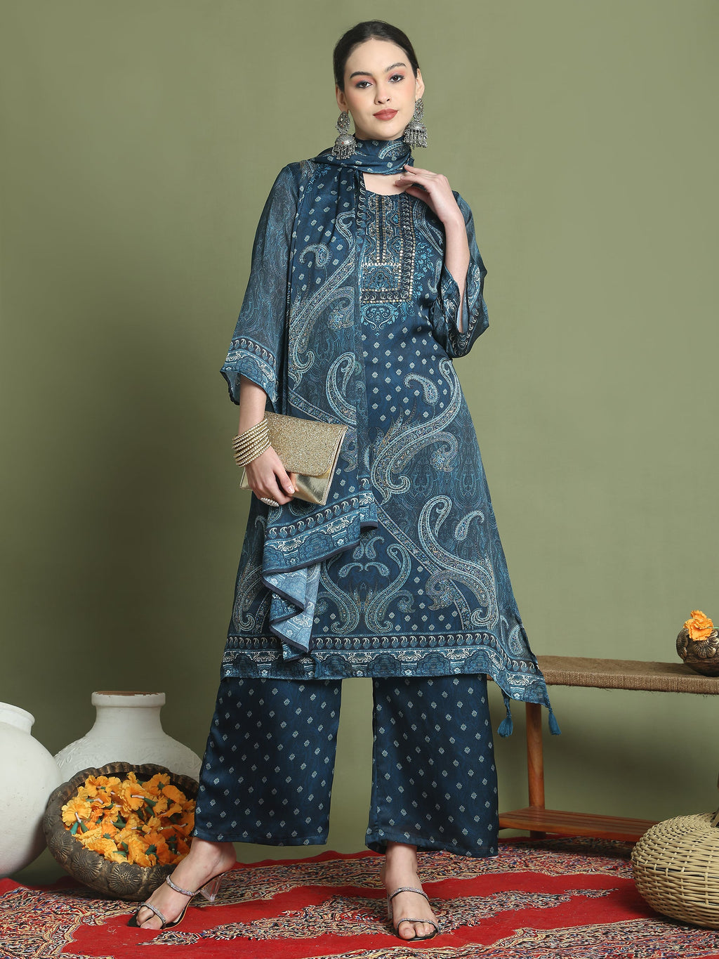 Stylee Lifestyle Navy Blue Satin Embroidered Suit Set