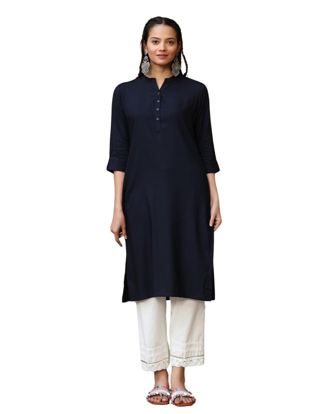 Juniper Women's Navy Blue Solid Modal Rayon Straight Kurta With Half Placket At Front