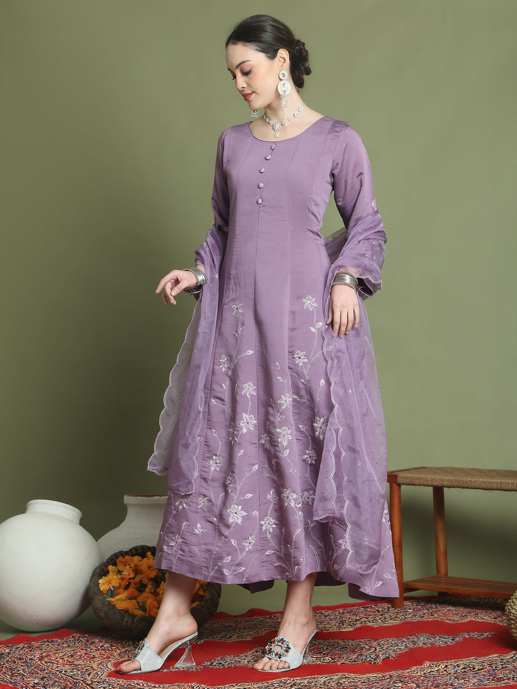 Stylee Lifestyle Purple Muslin Embroidered Gown Style