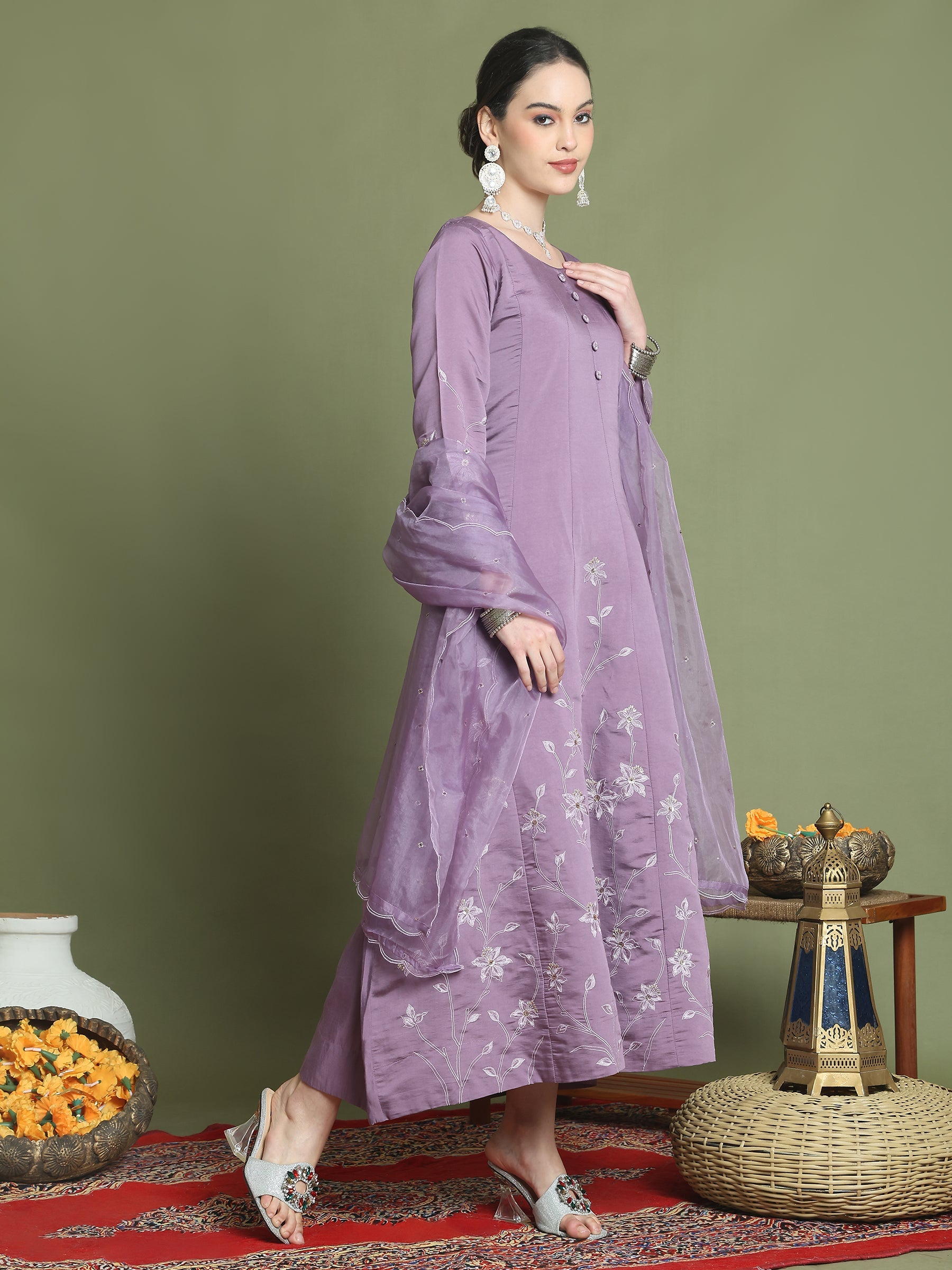 Stylee Lifestyle Purple Muslin Embroidered Gown Style