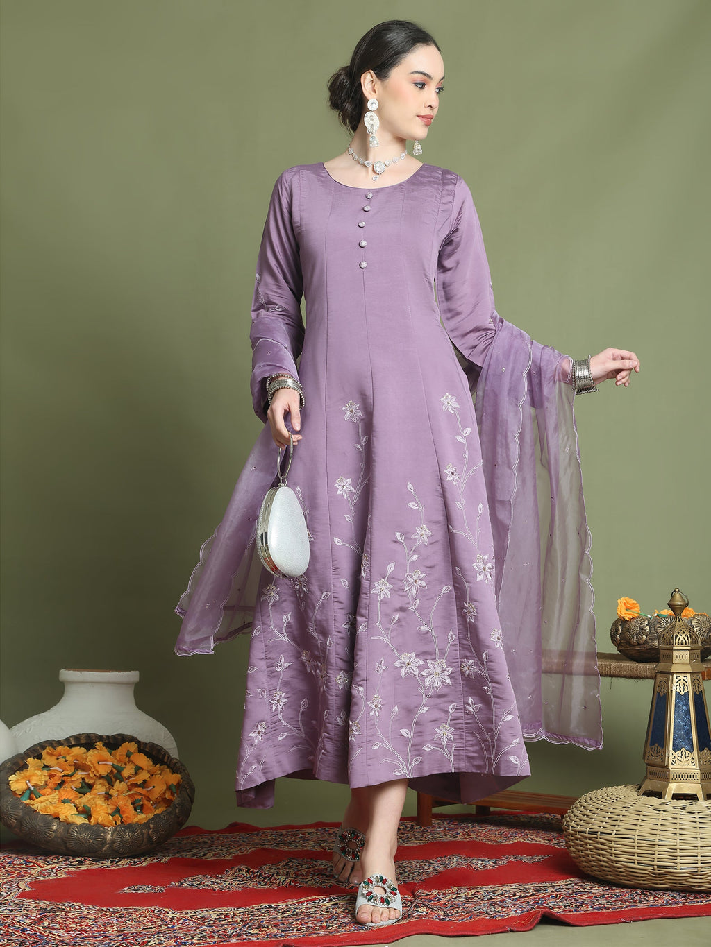 Stylee Lifestyle Purple Muslin Embroidered Gown Style