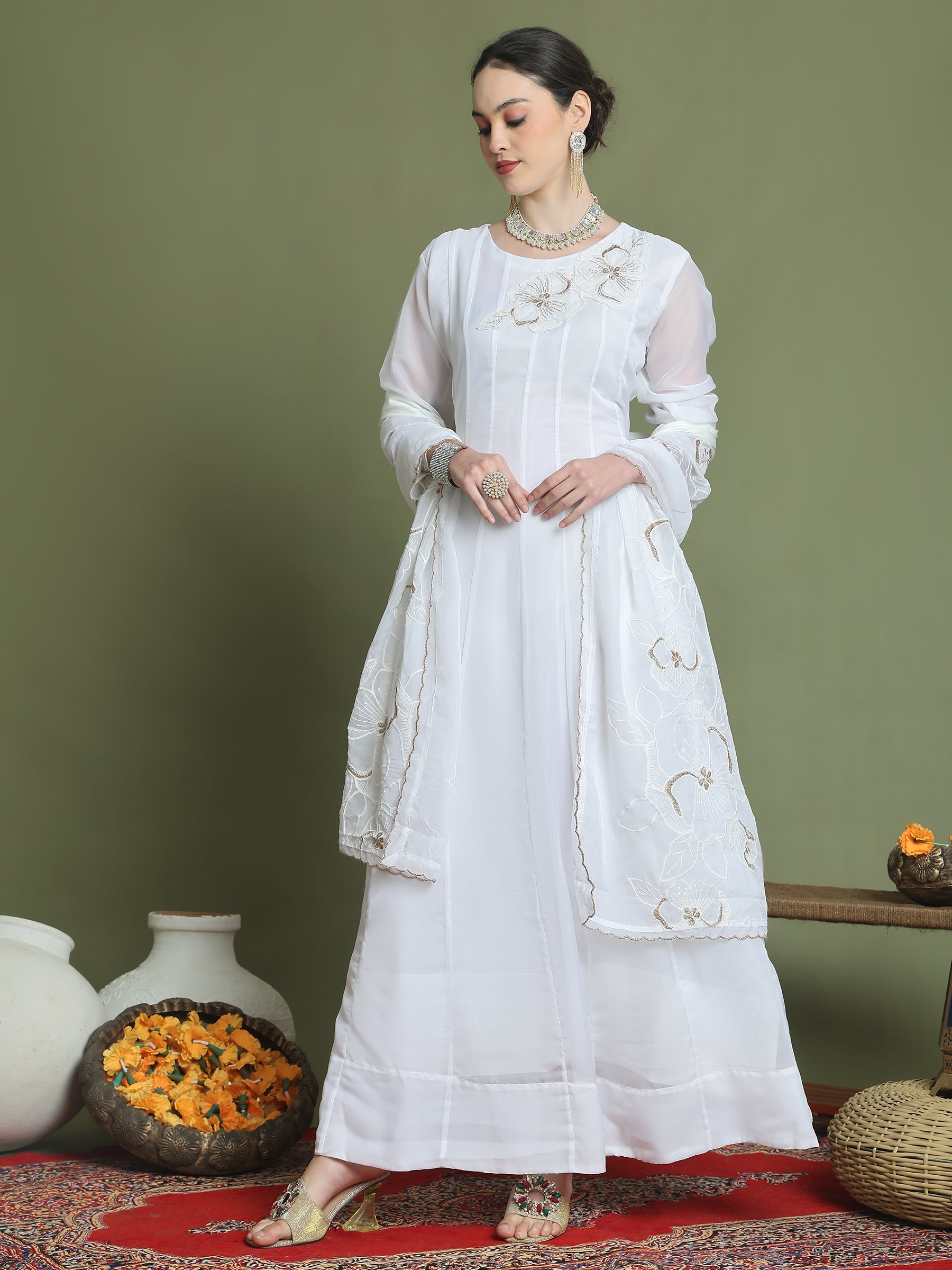 Stylee Lifestyle Off White Organza Embroidered Gown Style