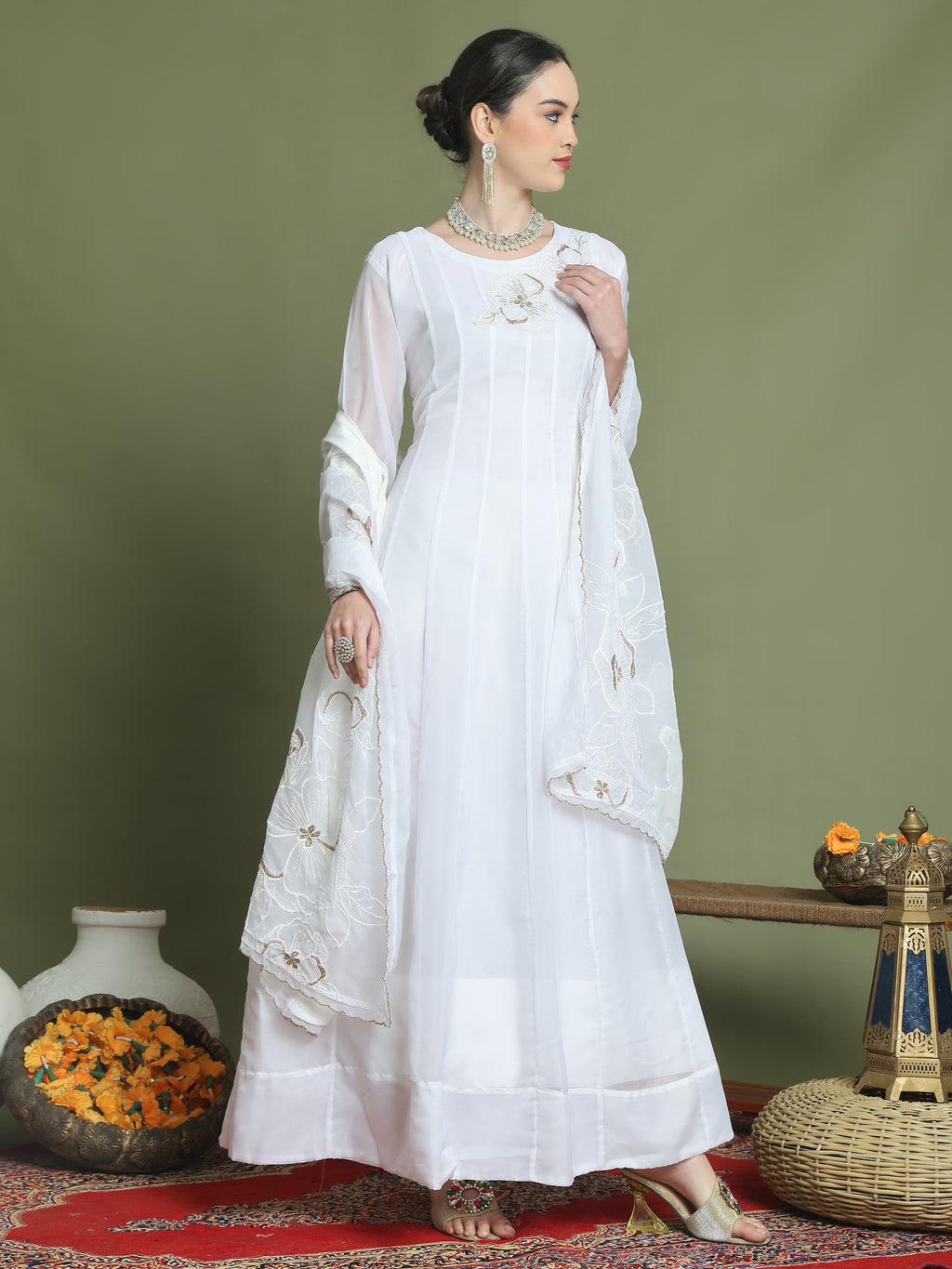 Stylee Lifestyle Off White Organza Embroidered Gown Style