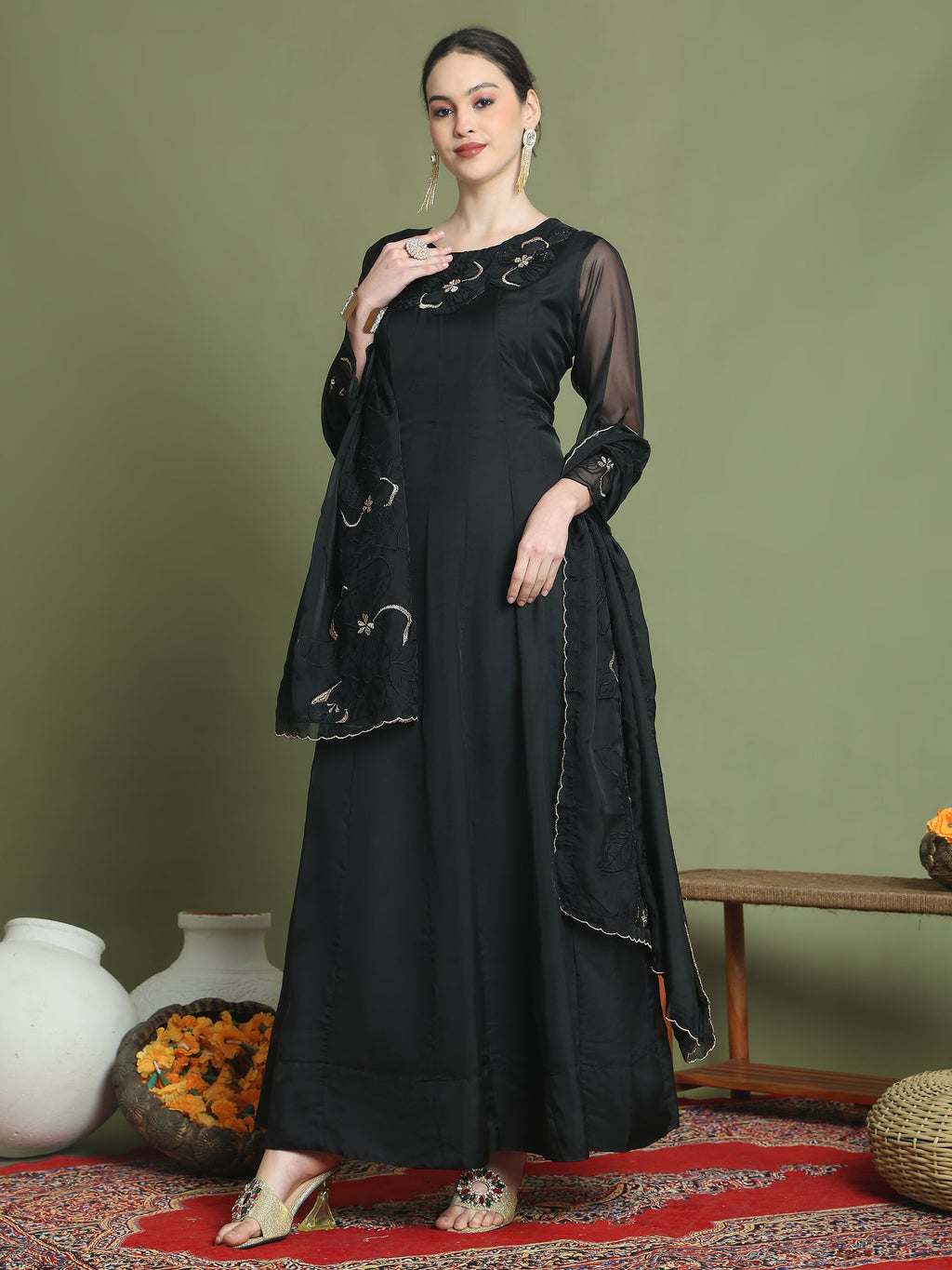 Stylee Lifestyle Black Organza Embroidered Gown Style