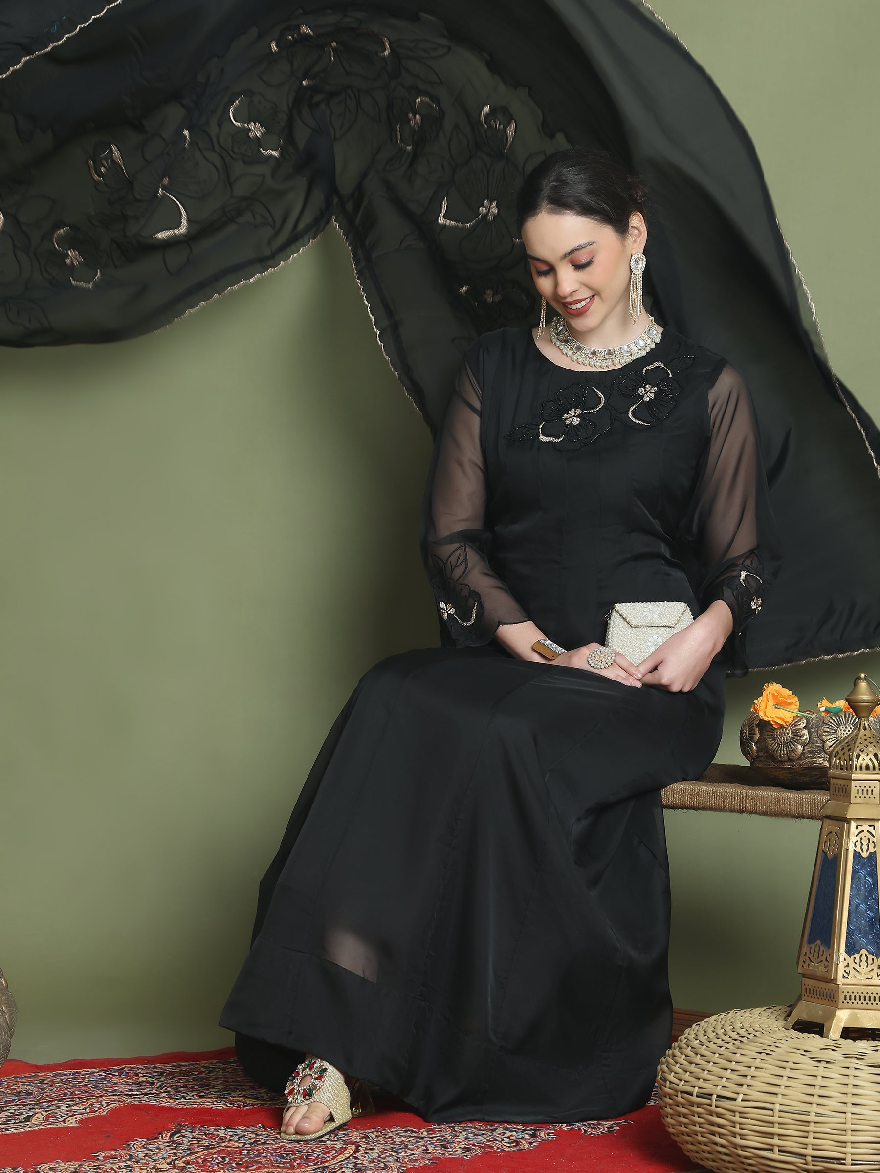 Stylee Lifestyle Black Organza Embroidered Gown Style