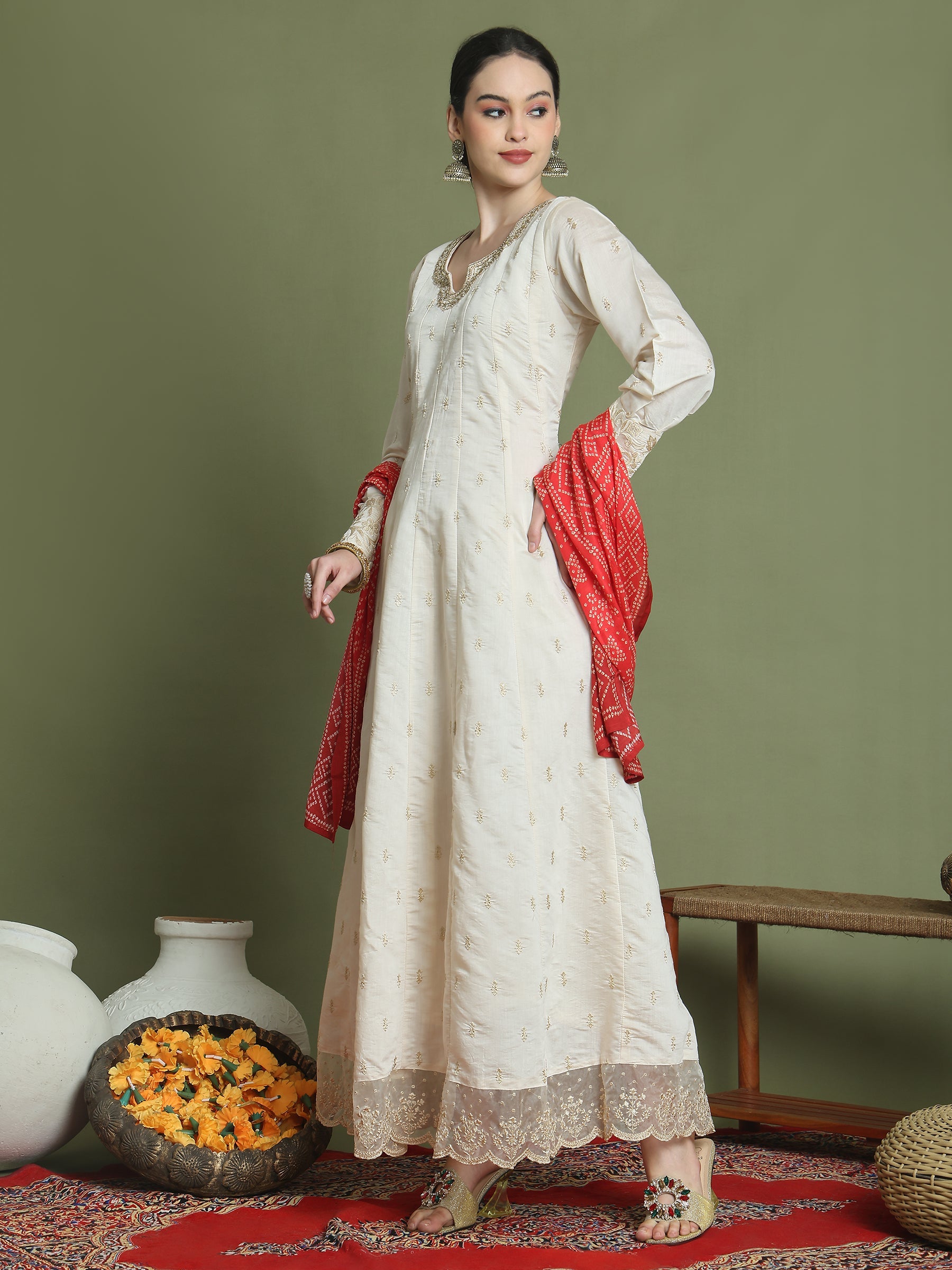 Stylee Lifestyle Cream Raw Silk Embroidered Gown Style