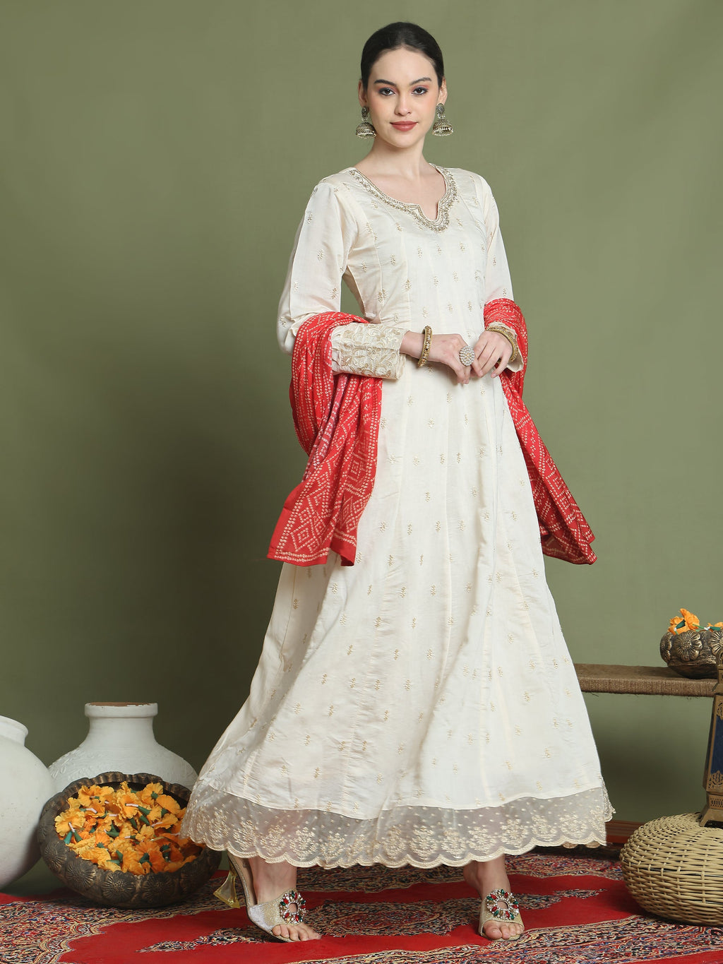 Stylee Lifestyle Cream Raw Silk Embroidered Gown Style
