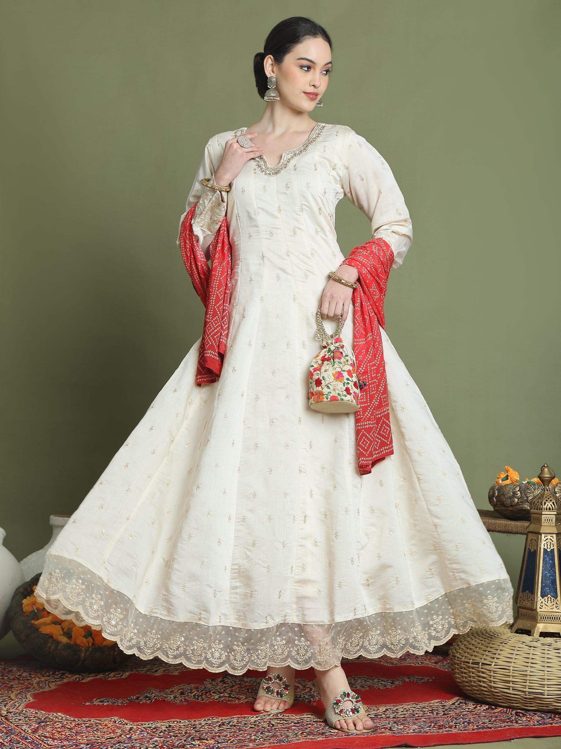 Stylee Lifestyle Cream Raw Silk Embroidered Gown Style