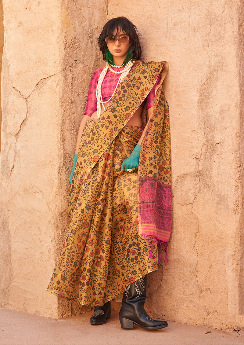 Monjolika Fashion Stunning Mustard Colour Printed Tissue Designer Saree