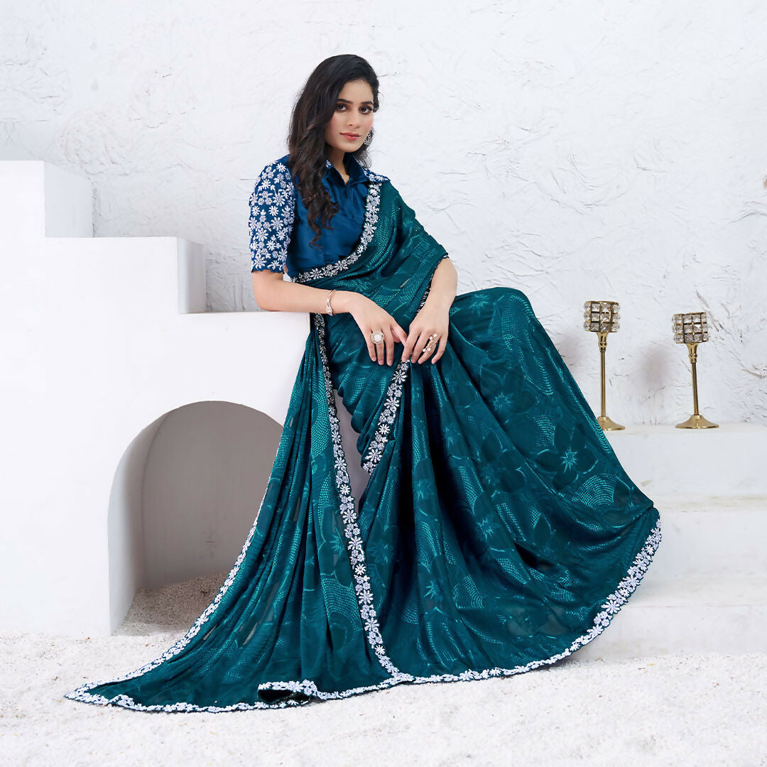 Teal Pattern Georgette Sequence With Hand Work Saree With Unstitched Blouse - Norita Swaraa